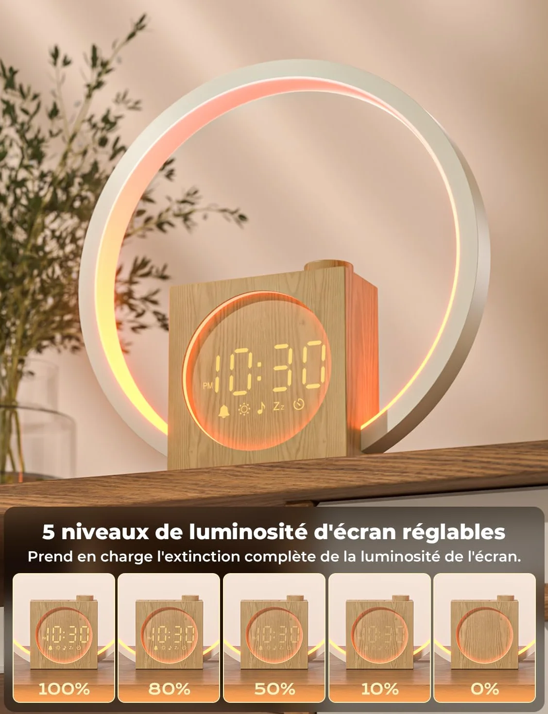 LIORQUE Lampe de Chevet LED avec Réveil Lumineux Simulateur d'Aube, 30 Sons, 20 Niveaux de Luminosité, Minuterie Sommeil 10-480 min