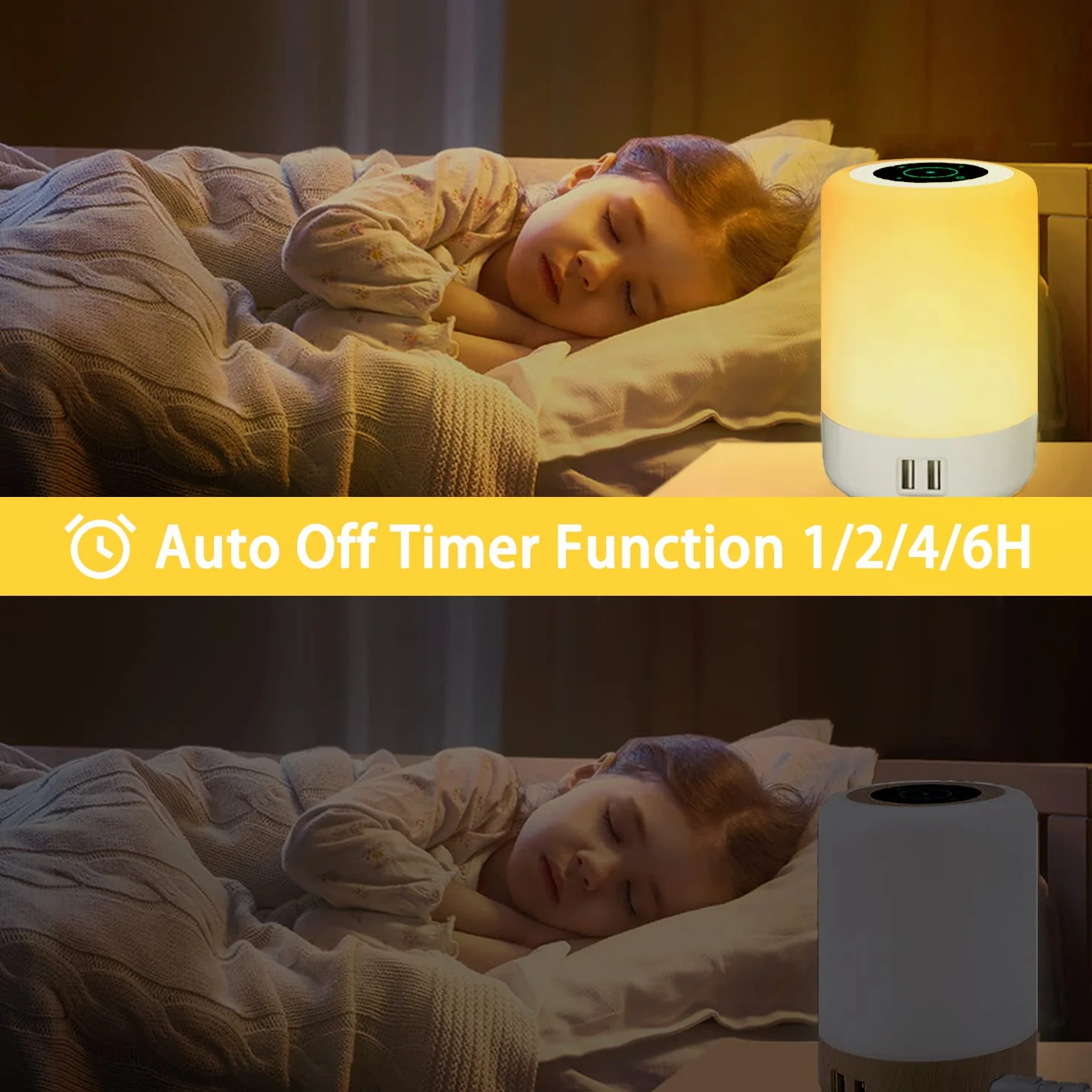 Lampe de Chevet LED Tactile avec 4 Ports USB-A, 8 Couleurs, 10 Niveaux de Luminosité, Veilleuse pour Chambre