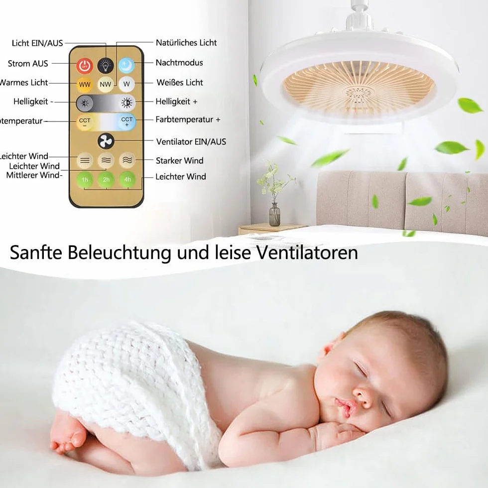 Ventilateur de Plafond avec Lumière E27 Silencieux Télécommande 25cm Jaune