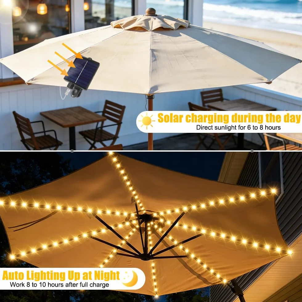 Lampes Solaires pour Parasol 104 LED 8 Modes Télécommande USB Jardin