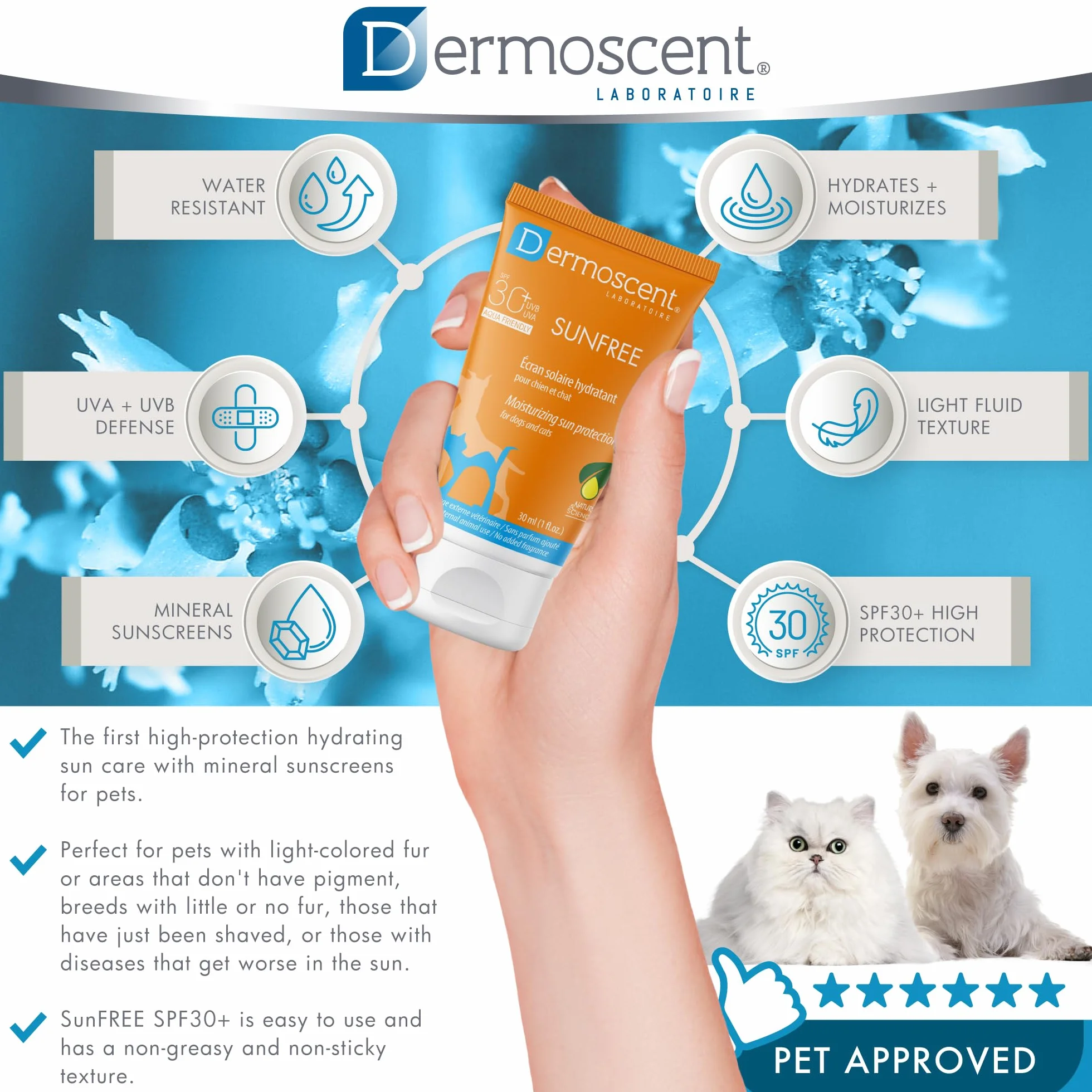 Dermoscent SunFREE SPF30+ Écran Solaire Hydratant Protection Minérale Non Grasse Résistant à l'Eau 30 ml