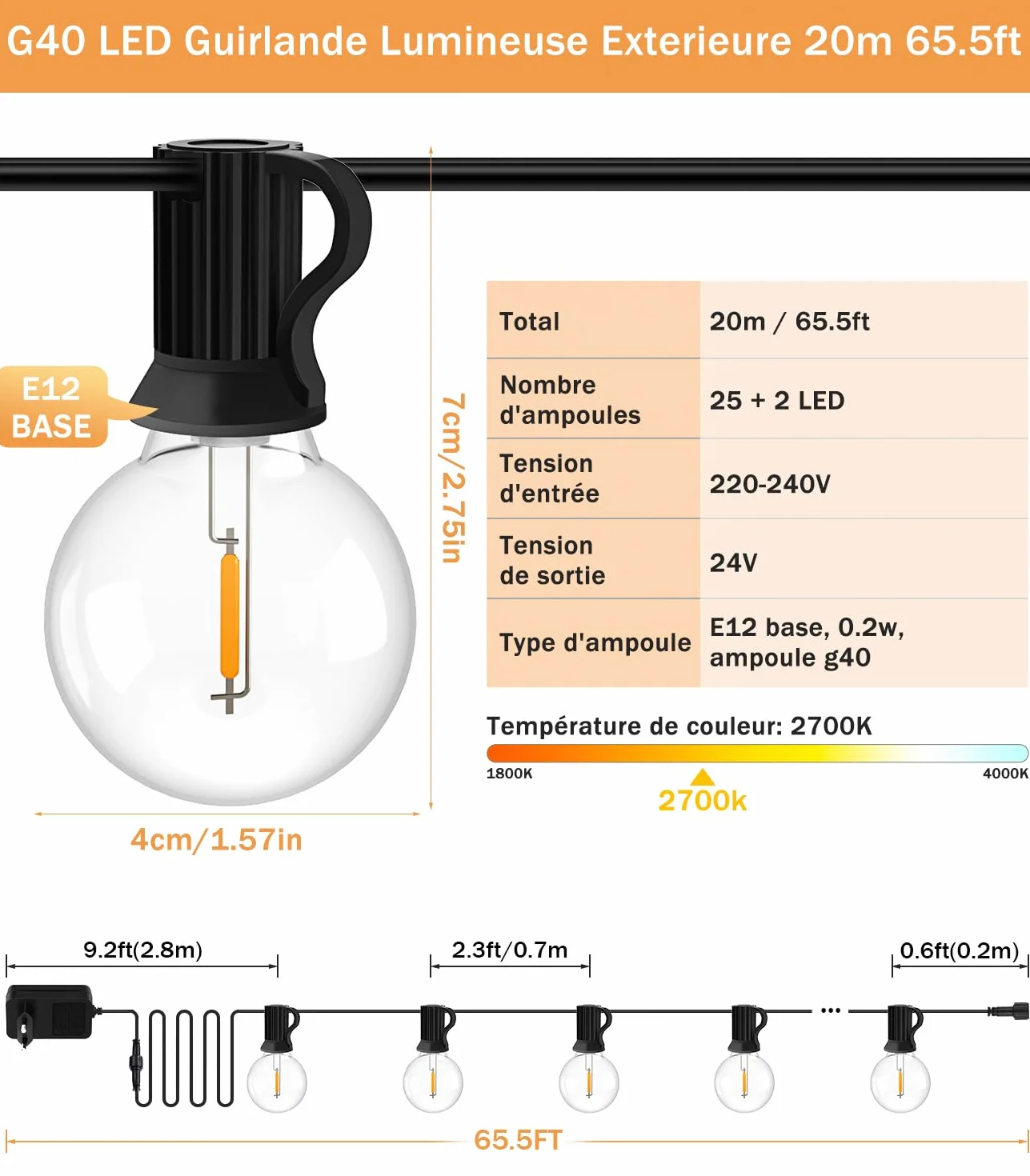 Guirlande Lumineuse Exterieur 20M G40 LED IP44 Imperméable Jardin Terrasse