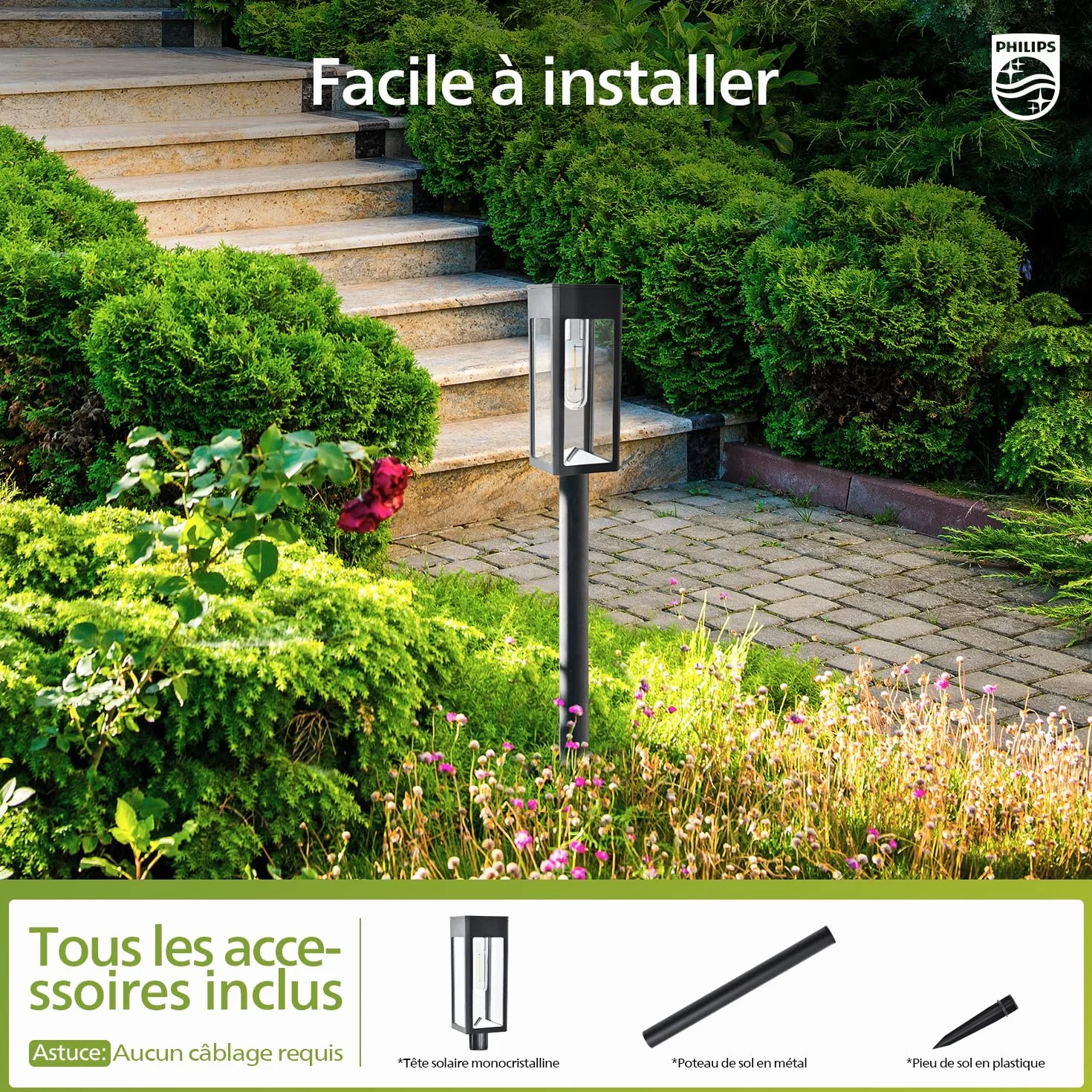 Philips Lot de 8 Lampes Solaires LED pour Allées Jardin, Verre Métal, 3000K Blanc Chaud, Étanche