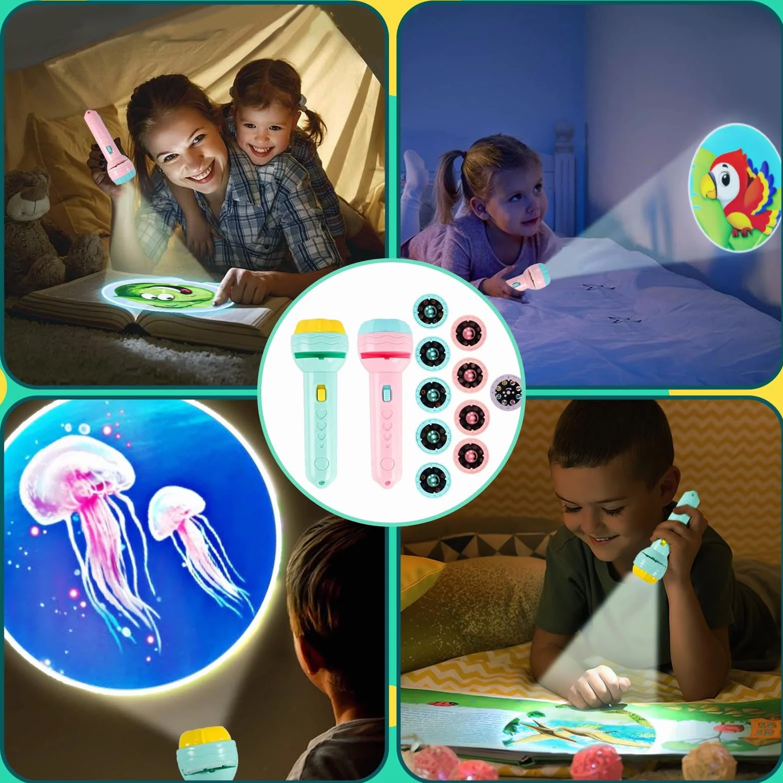 Lampe de poche projecteur pour enfants lot de 2 avec 80 motifs animaux fruits chiffres