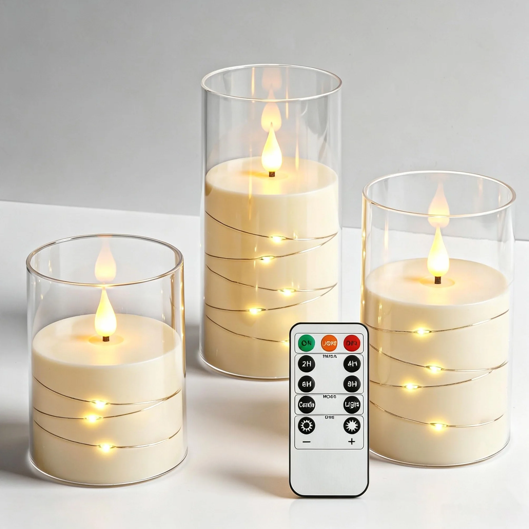 Bougies LED Ivoire Transparentes Guirlande Lumineuse Flamme Scintillante Réaliste Effet Verre Télécommande Incluse Plastique Réutilisable Écologique