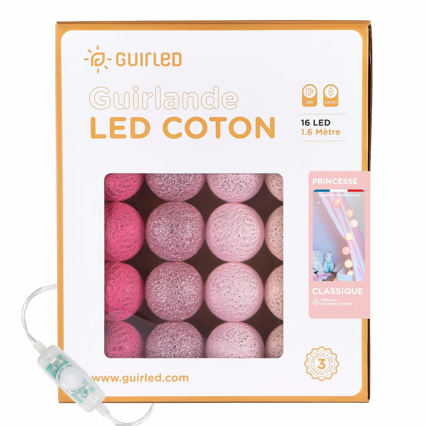 GuirLED Guirlande lumineuse boules coton LED USB Veilleuse bébé 2h Adaptateur double USB 2A 3 intensités 16 boules 1.6m Princesse