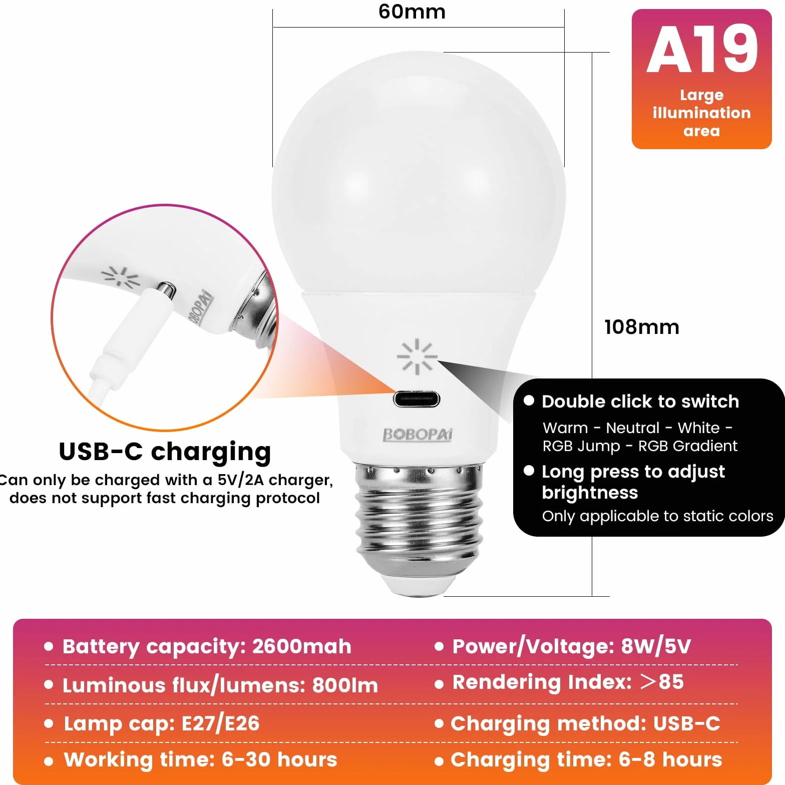 Ampoule Rechargeable USB C E27 RGB LED 9+3 Températures de Couleur Dimmable Touch Control 2600mAh 8W A19 2 Pack