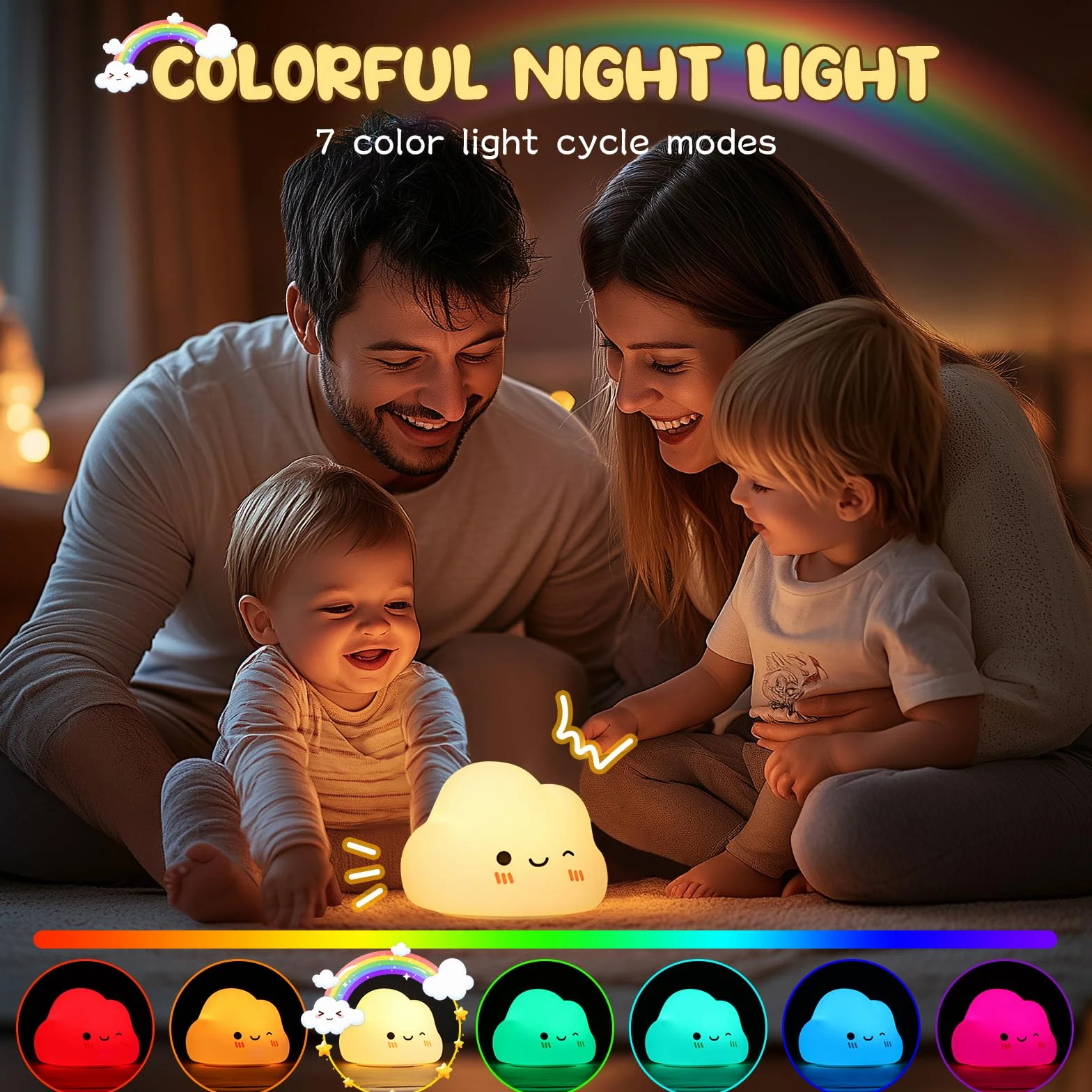 Diboniur Veilleuse Bébé Nuage Rechargeable, 7 Couleurs 3 Luminosité, Lampe de Chevet Enfant