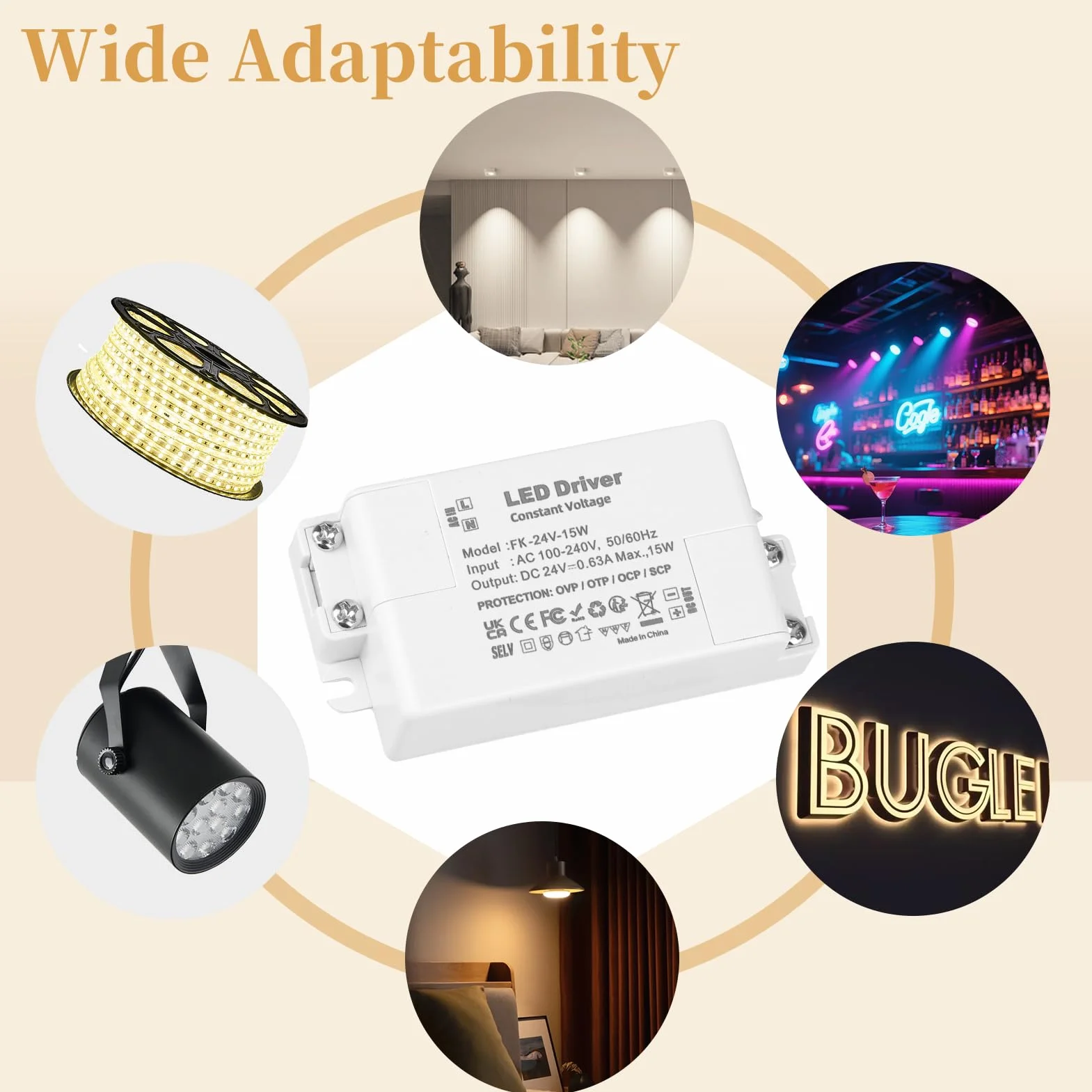 Transformateur LED 24V 15W 630mA Non Dimmable pour Bandes Lampes MR16 G4 GU5.3