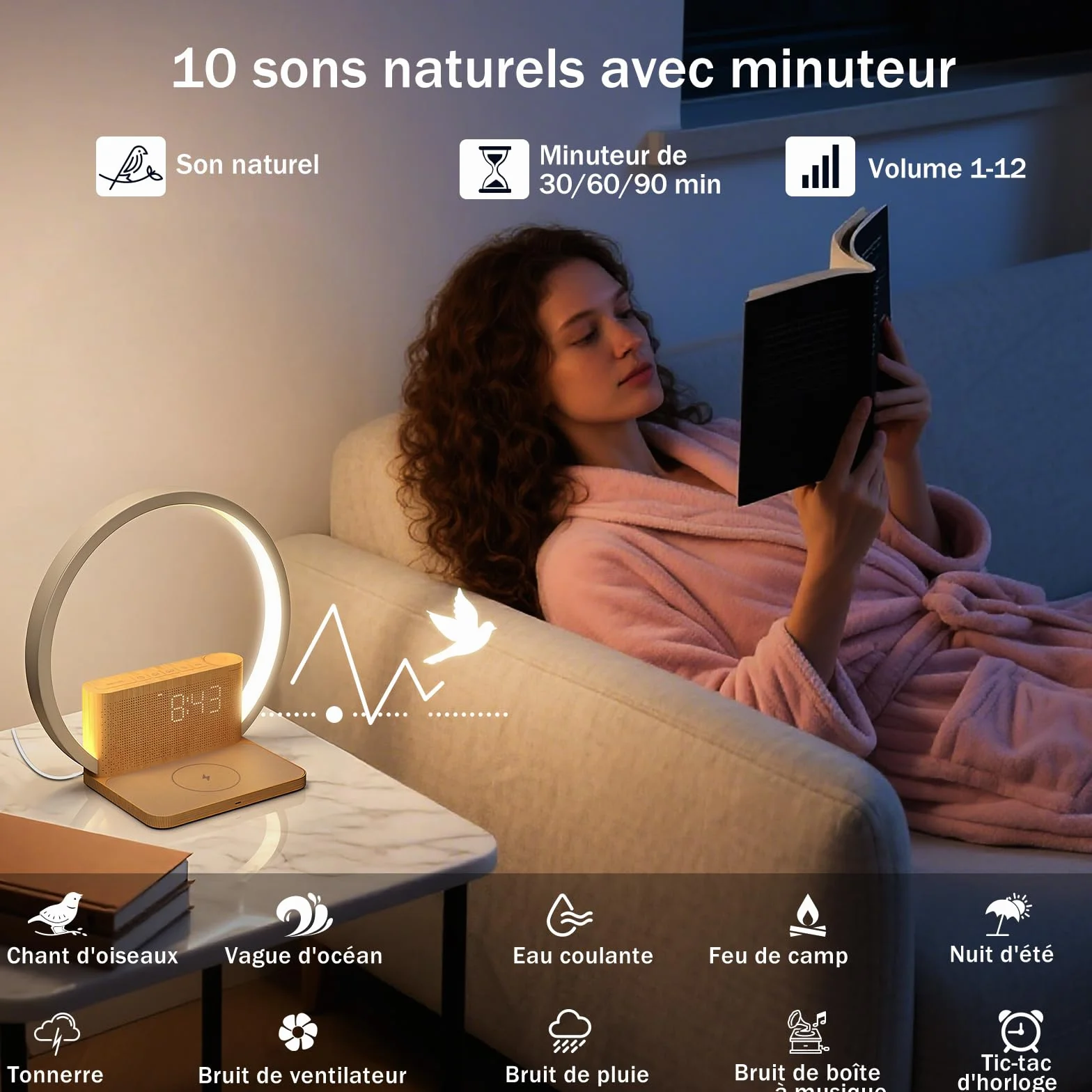 Réveil lumineux lampe de chevet rechargeable variateur tactile 10 sons naturels