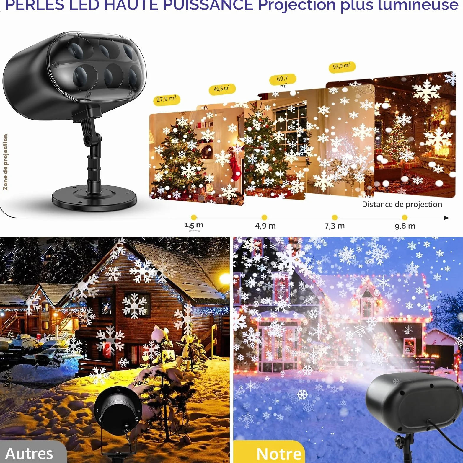 Projecteur de Noël extérieur LED flocon de neige avec télécommande minuterie étanche pour jardin décoration