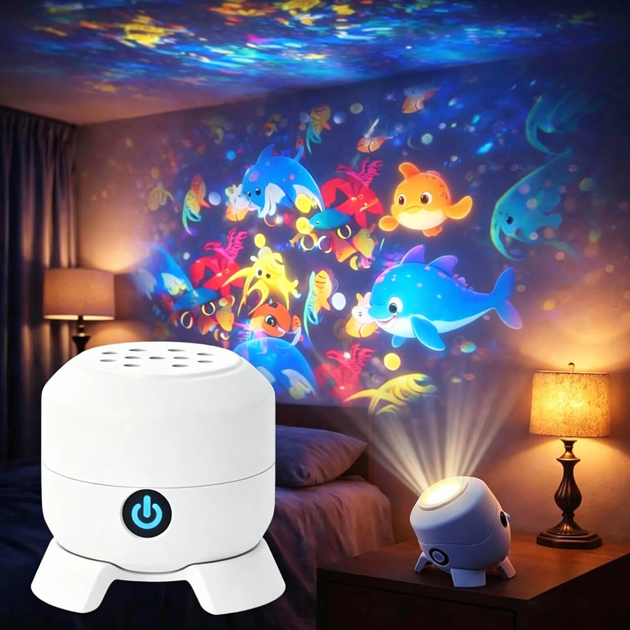 Projecteur LED rotatif 360° USB, lumière nocturne flocon de neige/océan, lumière d'ambiance LED à intensité variable