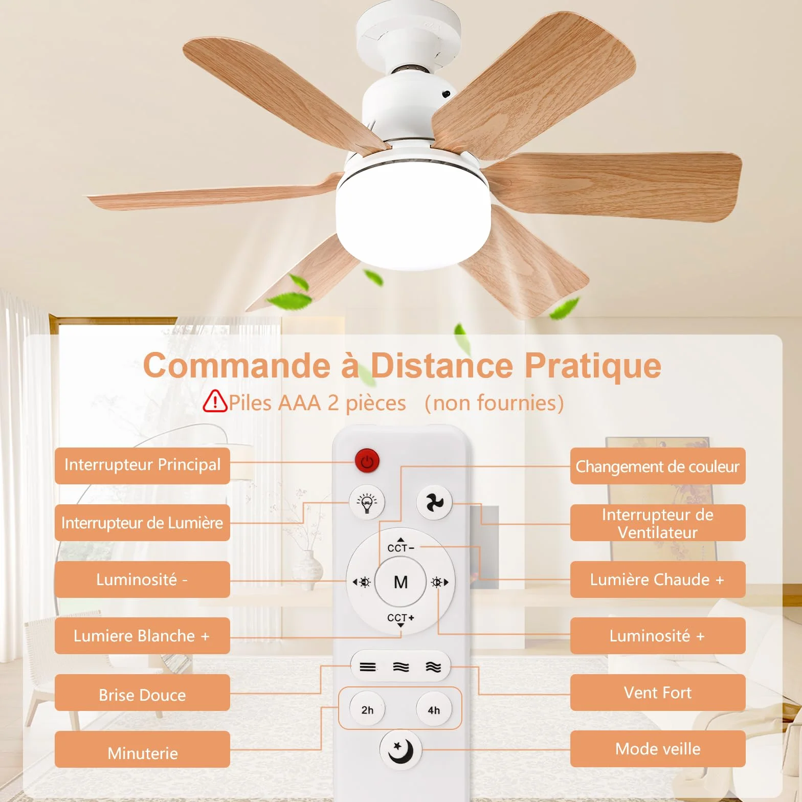 Ventilateur Plafond avec Lumiere 51CM Télécommande 3 Vitesses Réglage Luminosité Température Couleur Bois