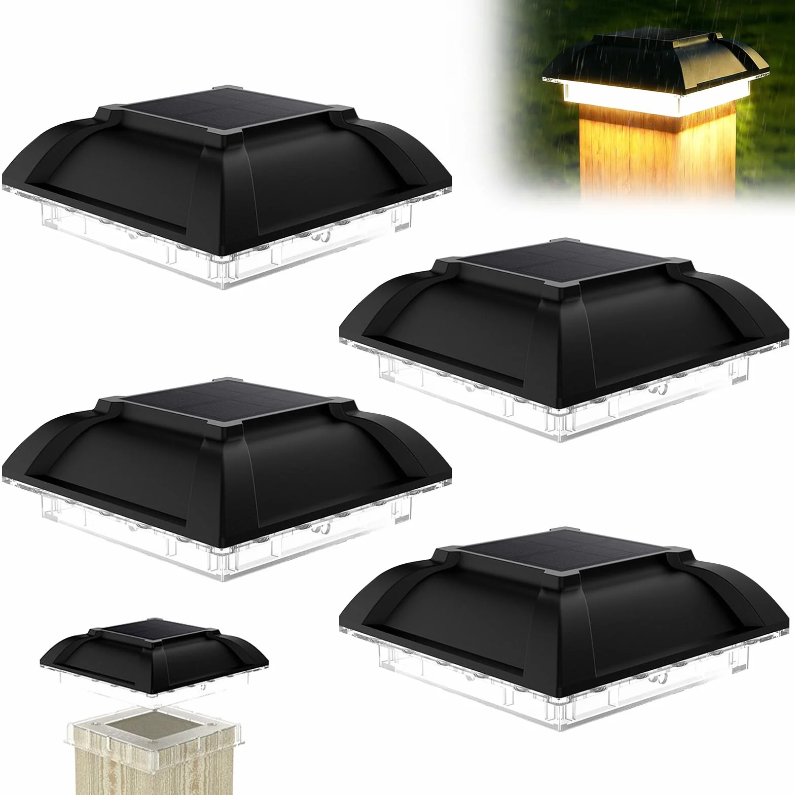 Lot de 4 Capuchon de Poteau Solaire, 13 x 13 x 4,4 cm, Lampes Solaires Sur Poteau pour Clôture Jardin