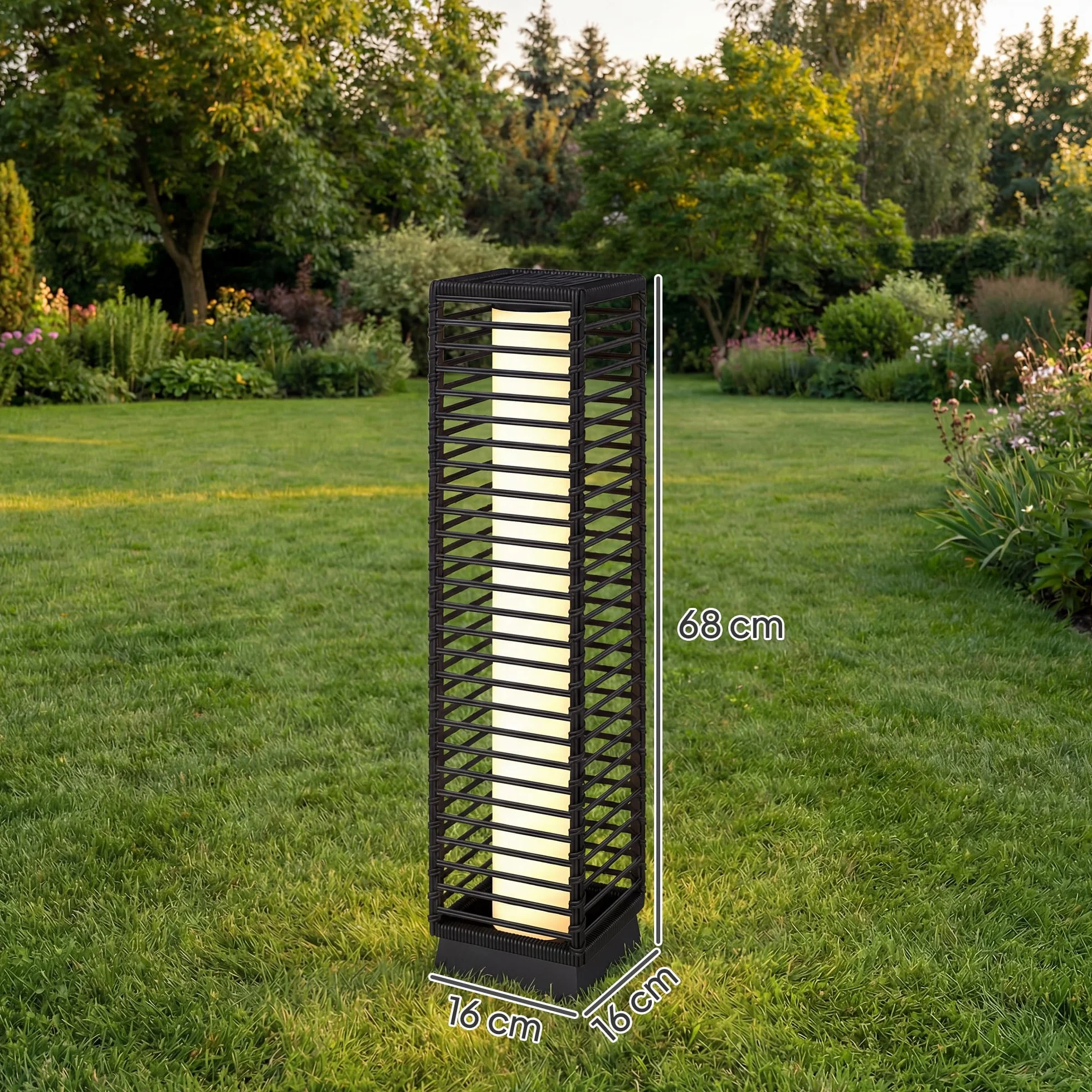 Outsunny Lanterne Solaire Extérieure Résine Tressée Noir Lampadaire sans Fil Rechargeable Capteur de Lumière LED