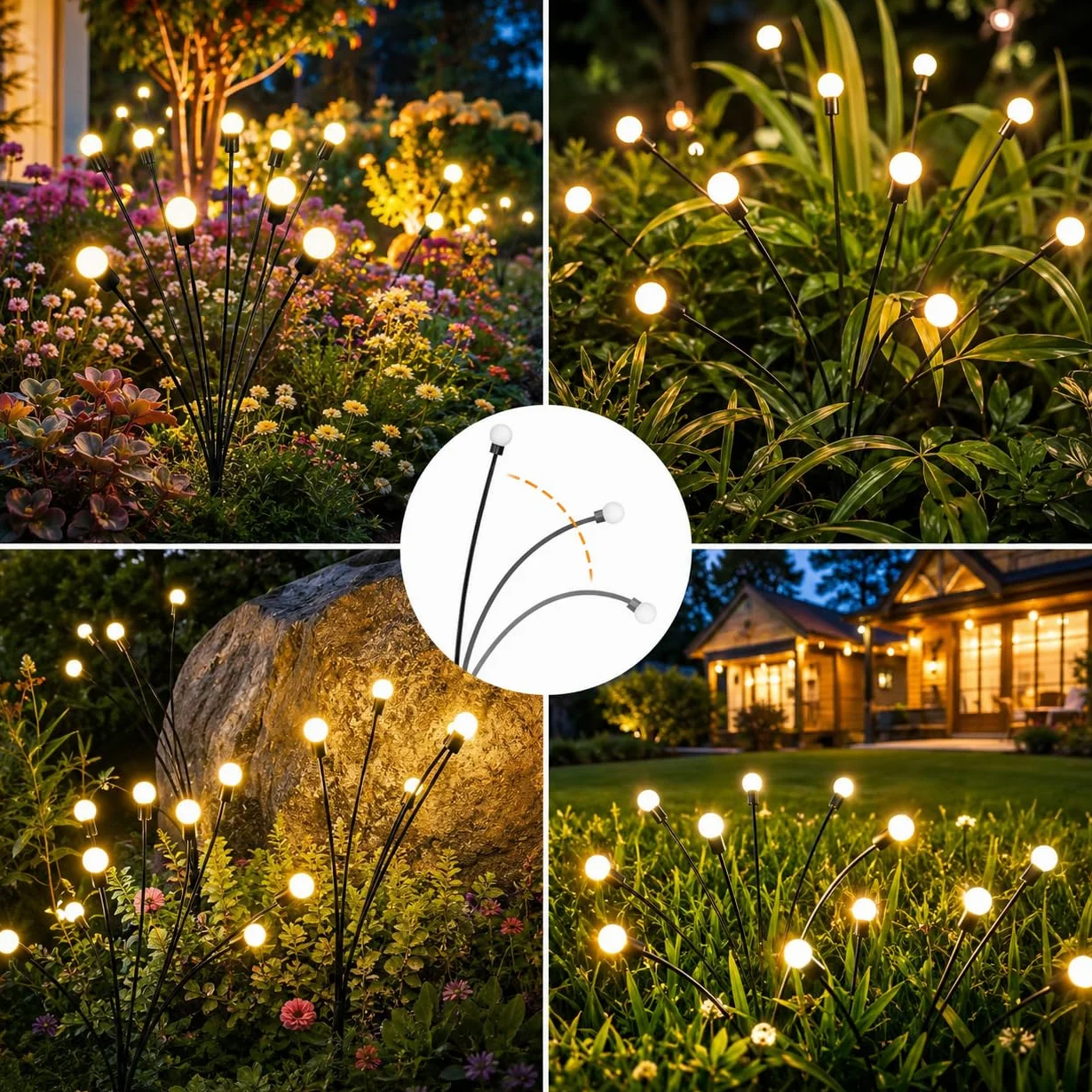 Lampe Solaire Extérieur Jardin 4 Pièces 10 LED Luciole Étanche IP65 Blanc Chaud