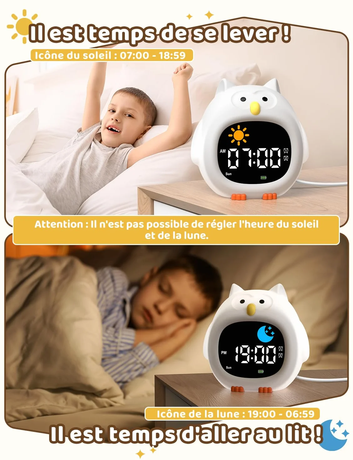 YISSVIC Réveil Enfant Éducatif avec Alarme Lumineuse 7 Couleurs 10 Chansons Hibou