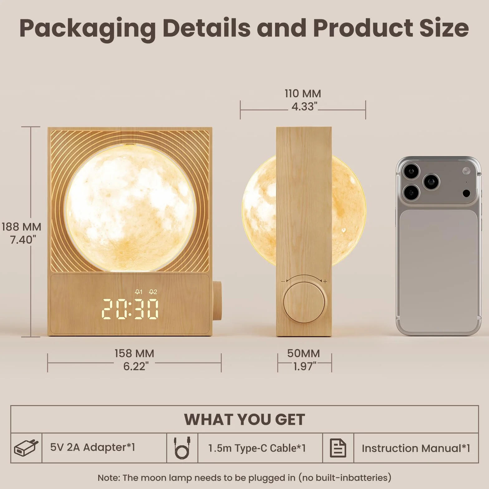 RETEYUNG Réveil Simulateur d'Aube avec Lampe Lunaire Rotative 15 Sonneries Veilleuse 8 Couleurs 3 Luminosités 10 Sons Naturels