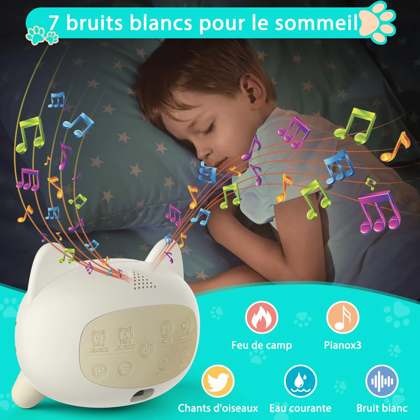 Réveil Enfant Éducatif Jour/Nuit avec LED 5 Couleurs, 7 Musiques, Deux Alarmes, Rechargeable USB Chat