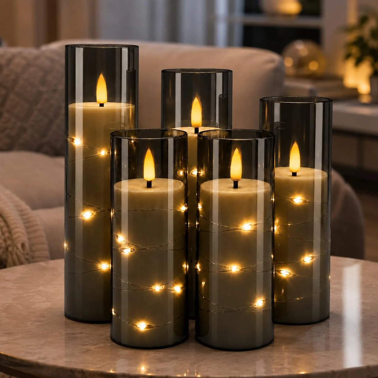 Bougies LED Grises Transparentes Guirlande Lumineuse Flamme Scintillante Réaliste Télécommande Incluse Effet Verre Plastique Réutilisable Écologique