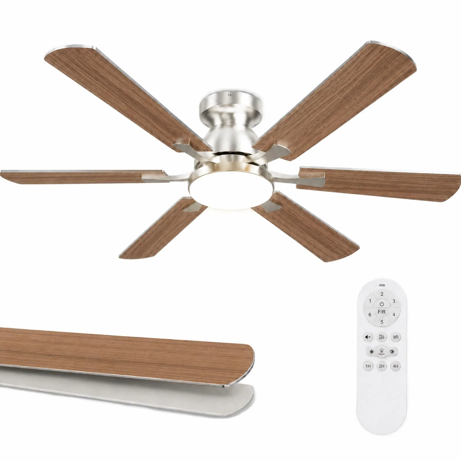 Airwit Ventilateur de Plafond 132 cm avec Lumière LED, Pales Double Face Bois & Argent, Moteur DC Réversible, Télécommande, 6 Vitesses