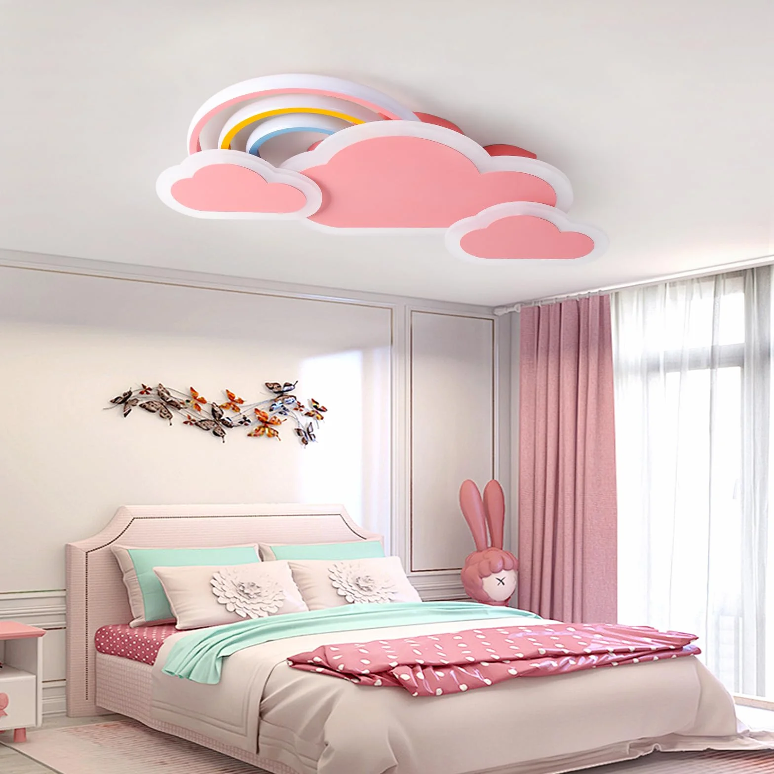 Plafonnier LED Enfant 30W 55cm Nuages Arc-En-Ciel Dimmable Télécommande APP Rose