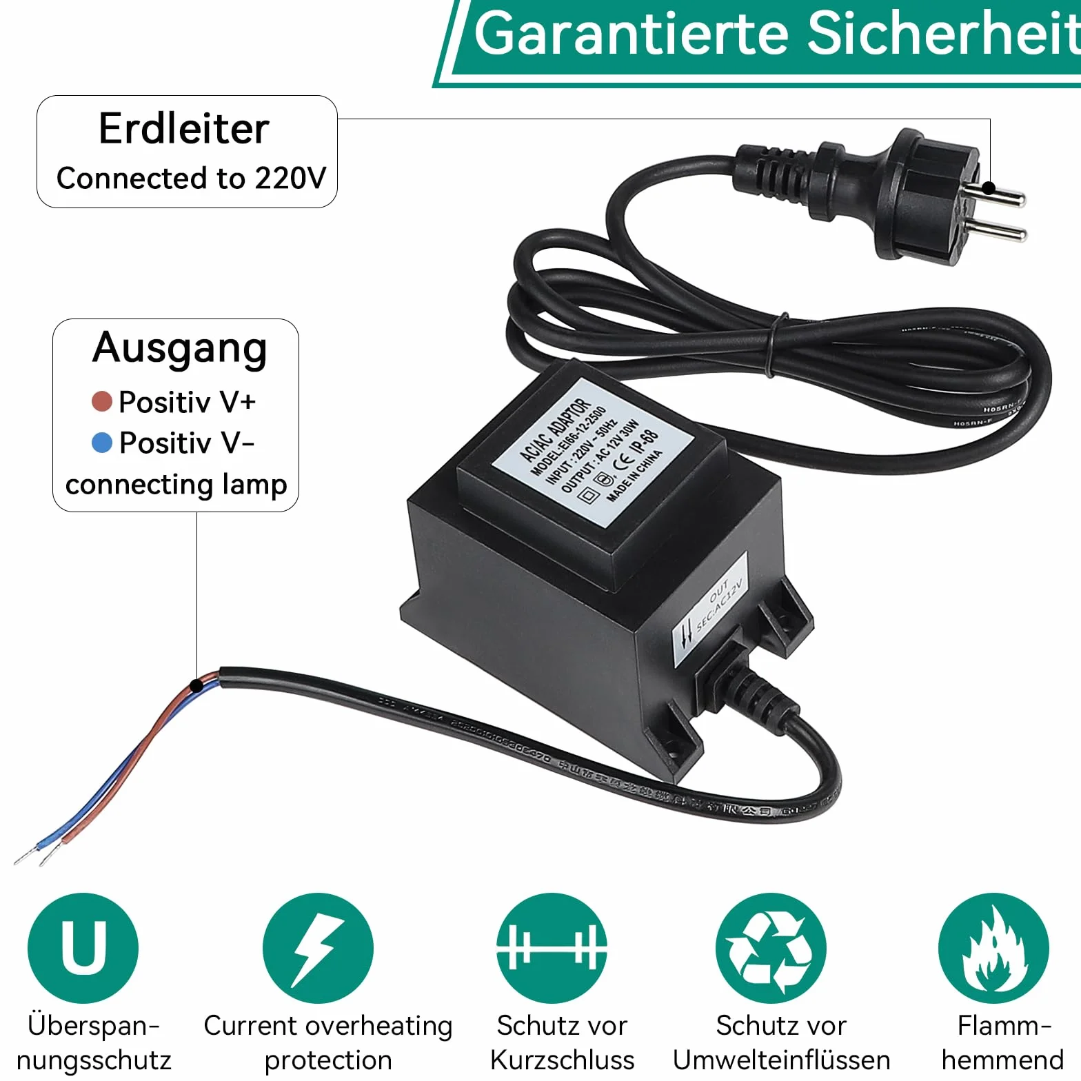 Transformateur LED 12 V 30 W IP68 extérieur étanche
