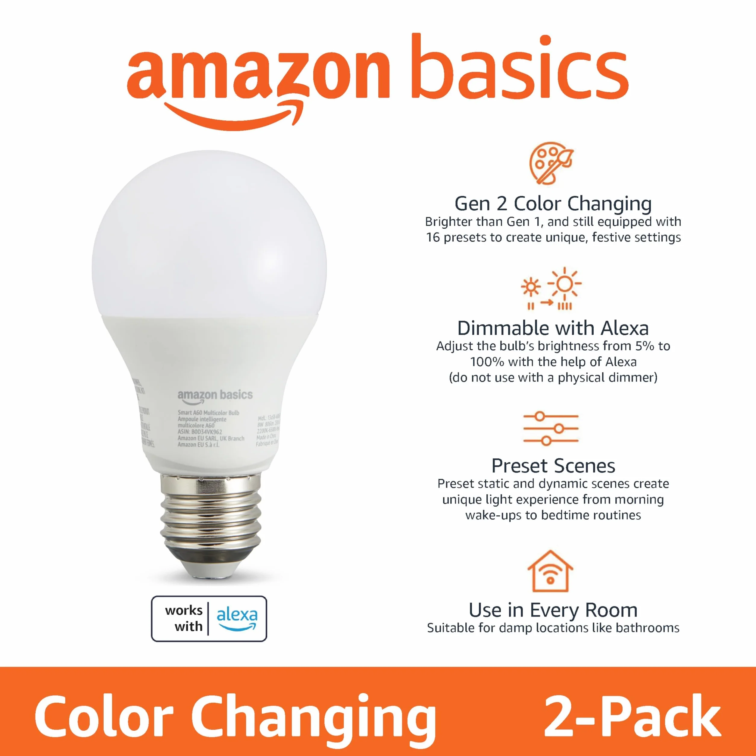 Amazon Basics Smart Ampoule LED multicolore E27 8W équivalent 60W compatible Alexa 2 pièces