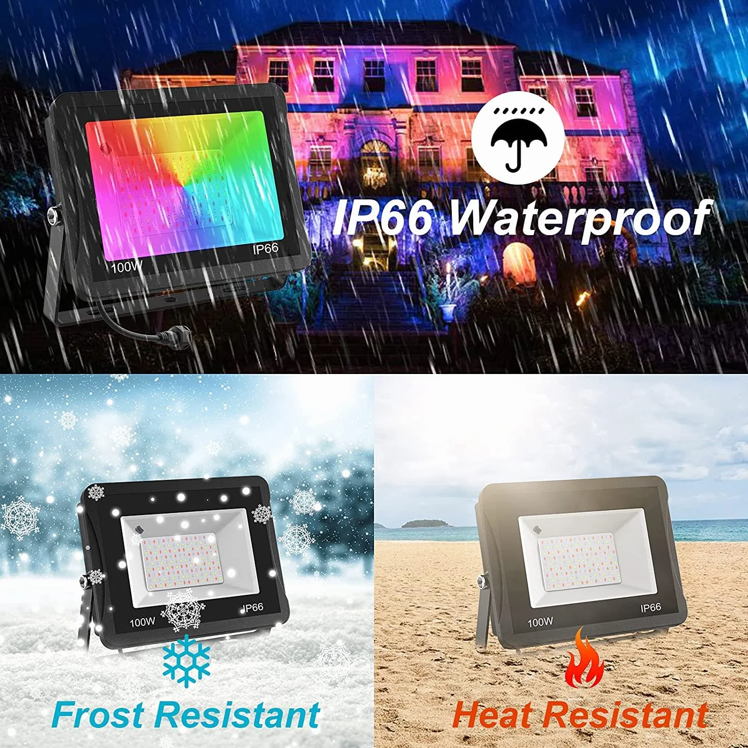 T-SUNUS Projecteur LED RGB Exterieur 100W IP66 avec Télécommande 16 Couleurs 4 Modes