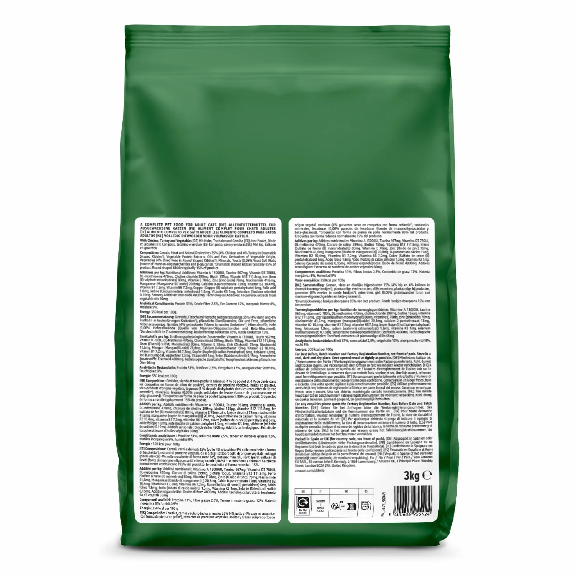 Croquettes complètes pour chats adultes au poulet, dinde et légumes, 3kg