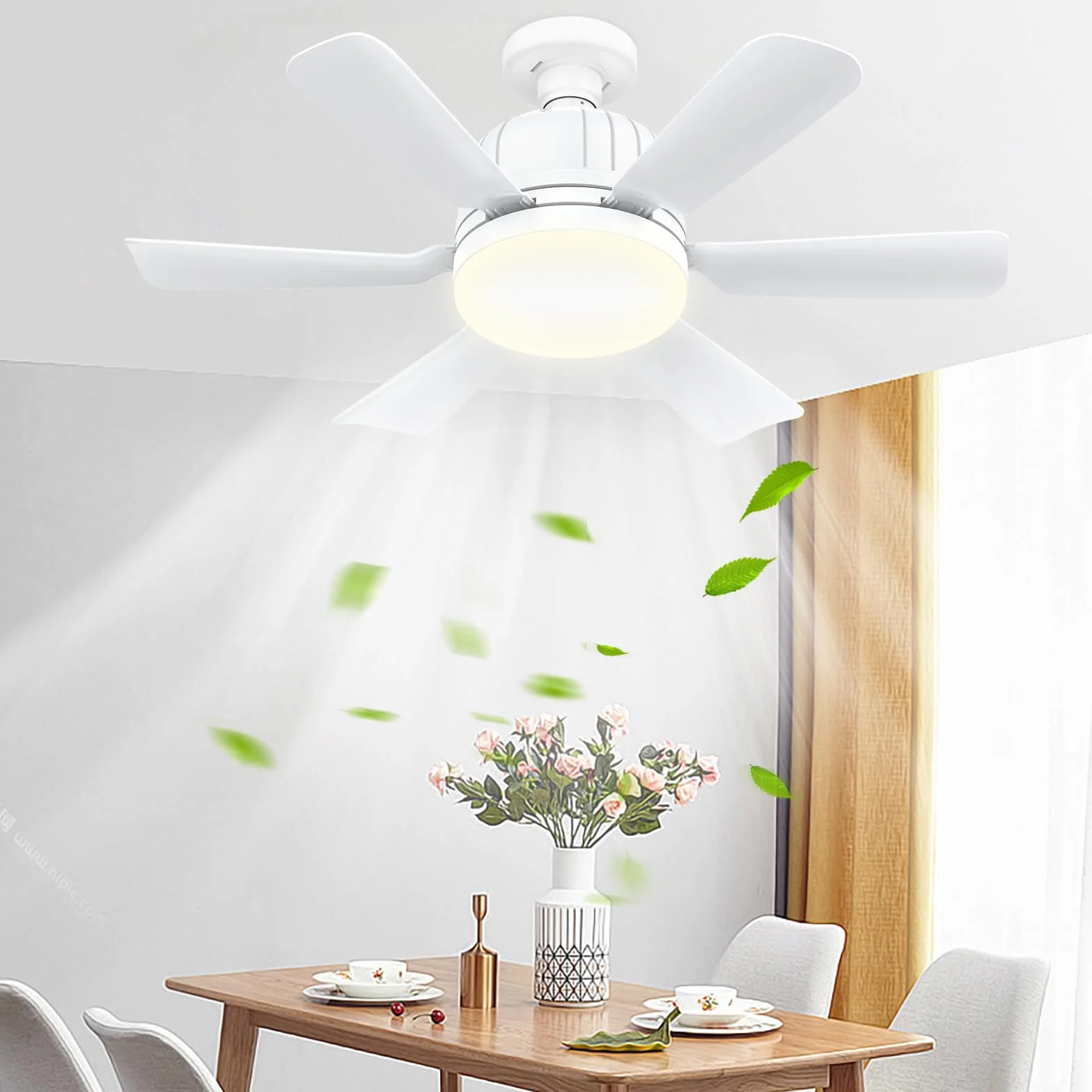 Ventilateur de plafond avec lumière et télécommande 46 cm E27 LED dimmable 3 vitesses minuterie 2/4h blanc