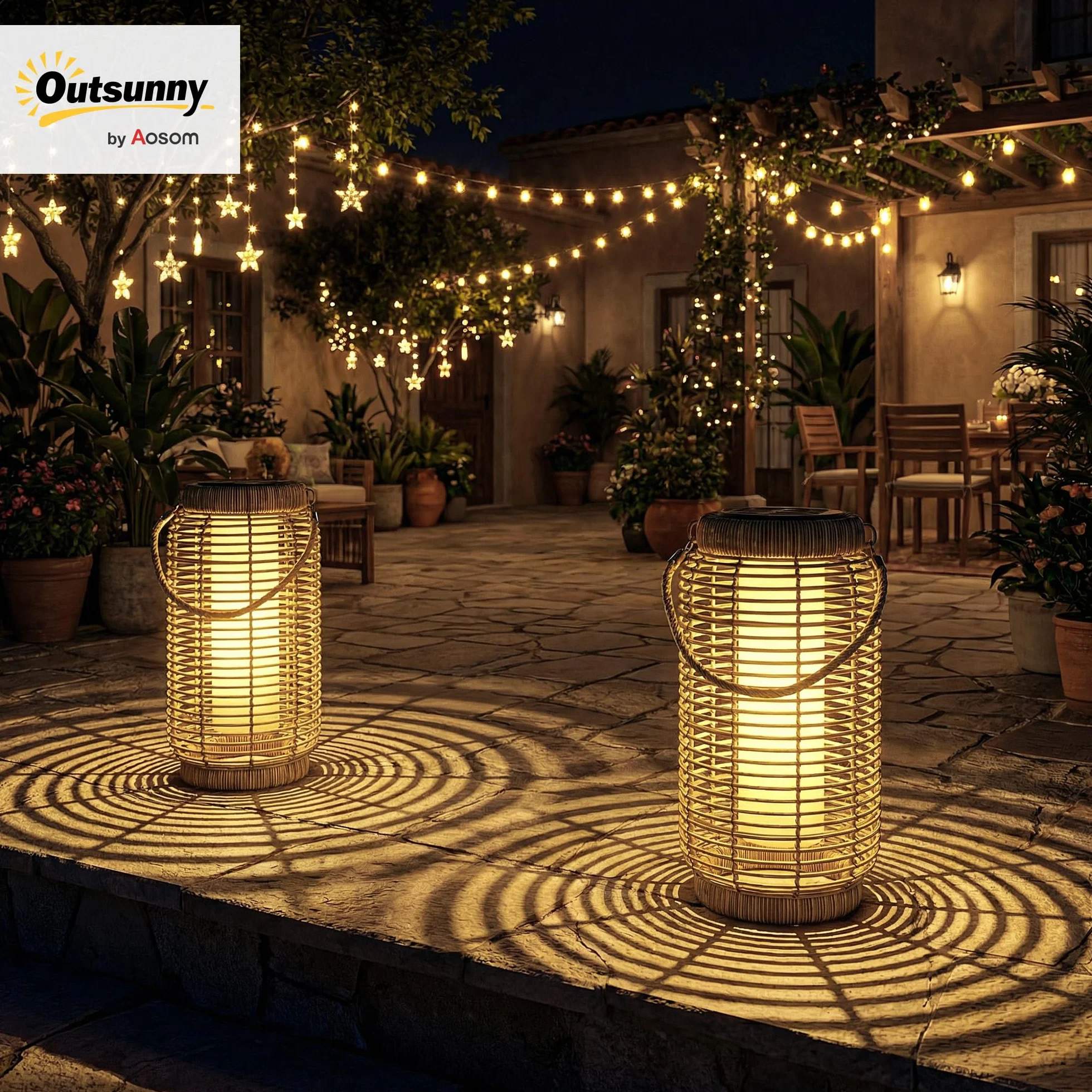 Outsunny Lampadaire d'Extérieur Solaire Lot de 2 LED Jardin Résine Tressée Acier Ø18 x 37 cm Sable