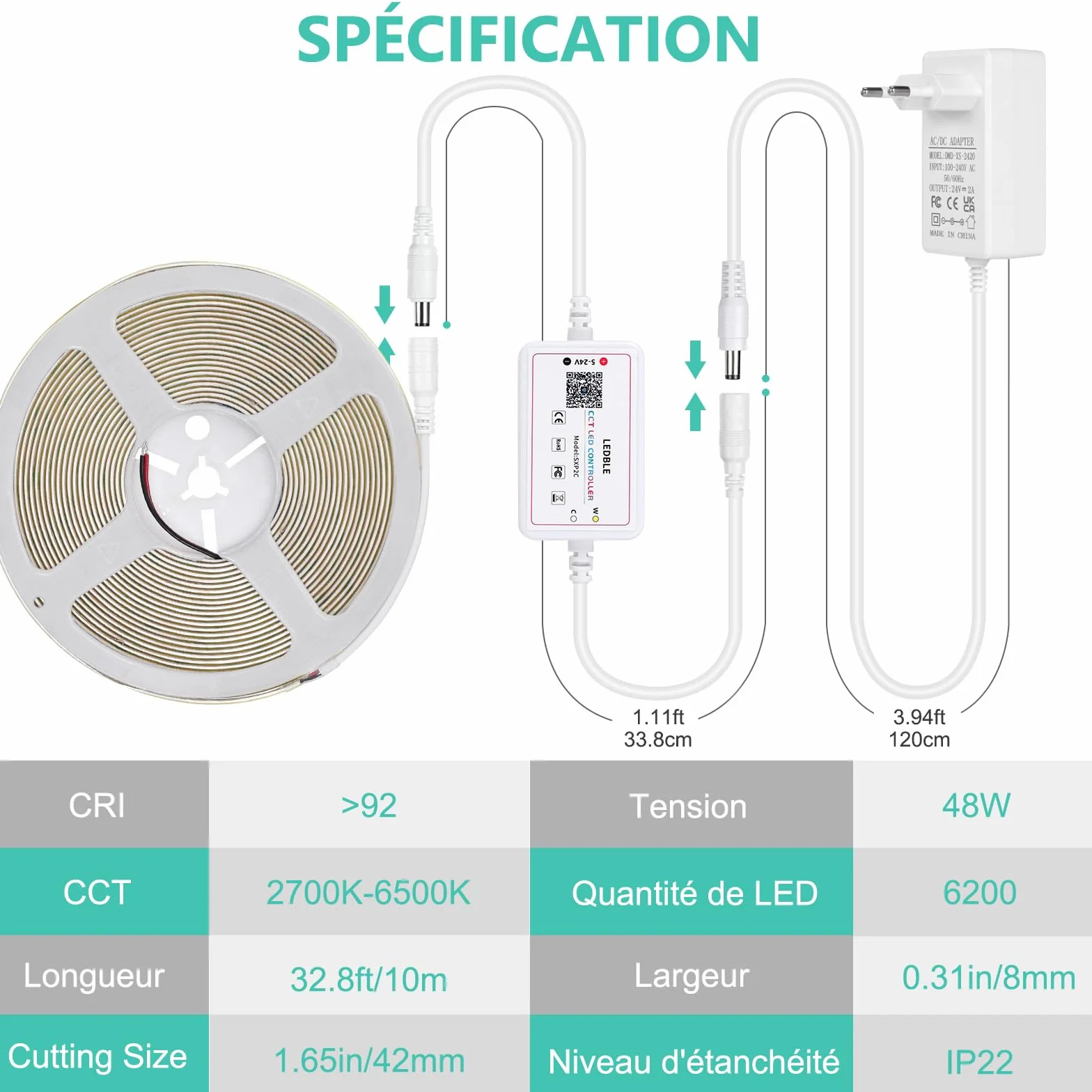 Bande LED COB 10M 24V Dimmable 2700K-6500K CRI>92 620LEDs/M App Control