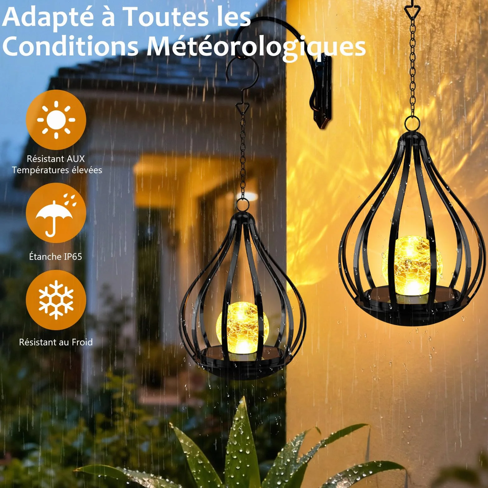 Lanterne Solaire Extérieure IP65 Étanche Sphère Craquelée 2 Pièces Jardin Terrasse Balcon