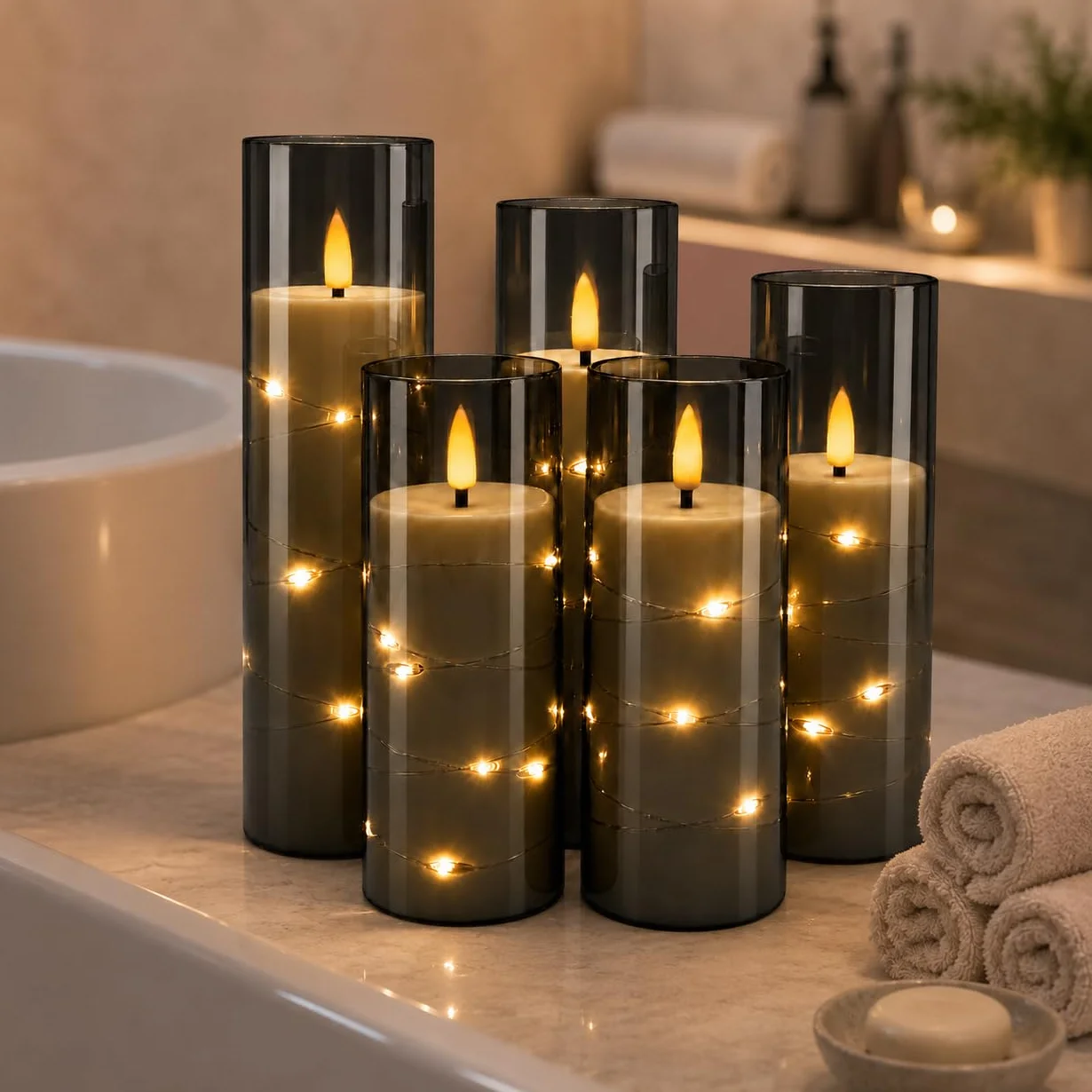 Bougies LED Grises Transparentes Guirlande Lumineuse Flamme Scintillante Réaliste Télécommande Incluse Effet Verre Plastique Réutilisable Écologique