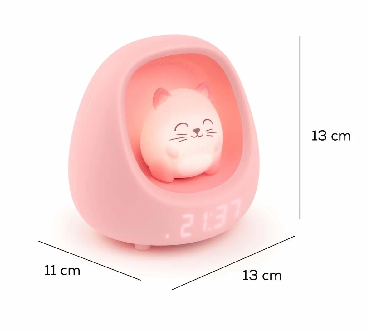 Nestkidscat Bigben Veilleuse Réveil Enfant Chat Lumineux Musical Sons Apaisants Bruits Blancs Lumière Réglable Toucher Minuterie Batterie Rechargeable USB-C