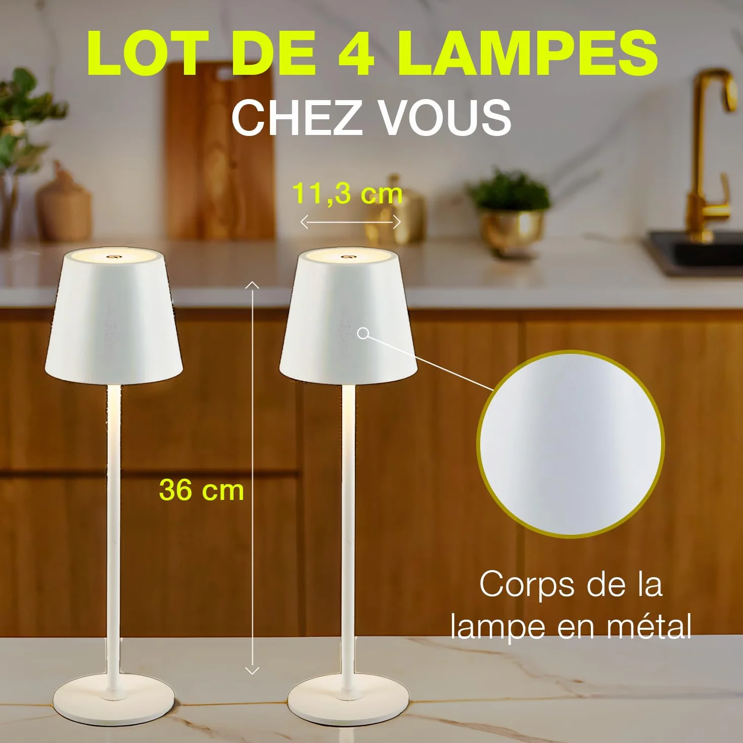Lot de 4 Lampes de Table Sans Fil Rechargeables LED USB-C Tactile Variateur Lumière Chaude Métal Or - Marque Française