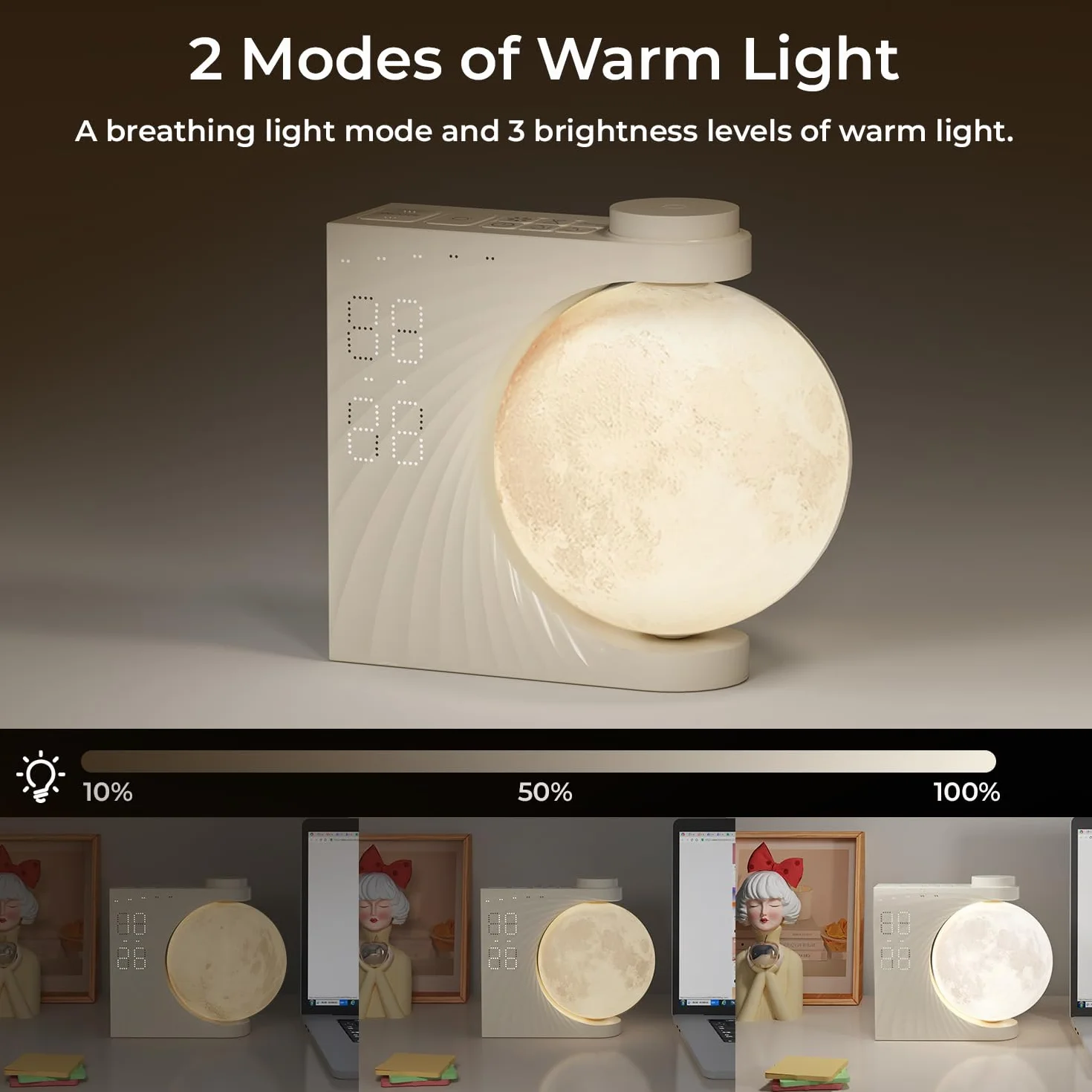 Lampe de Lune avec Réveil Lumineux LED 8 Couleurs, Machine Sonore, Double Alarme, Snooze, 10 Sons Nature