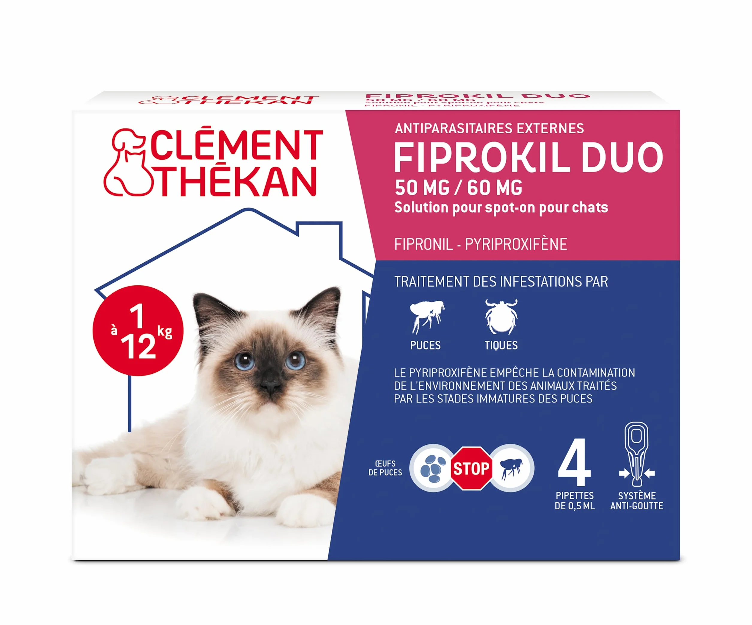 Clément Thékan Anti-puces Anti-tiques Chats Protection 2 en 1 4 pipettes Fiprokil Duo (50mg/60mg)