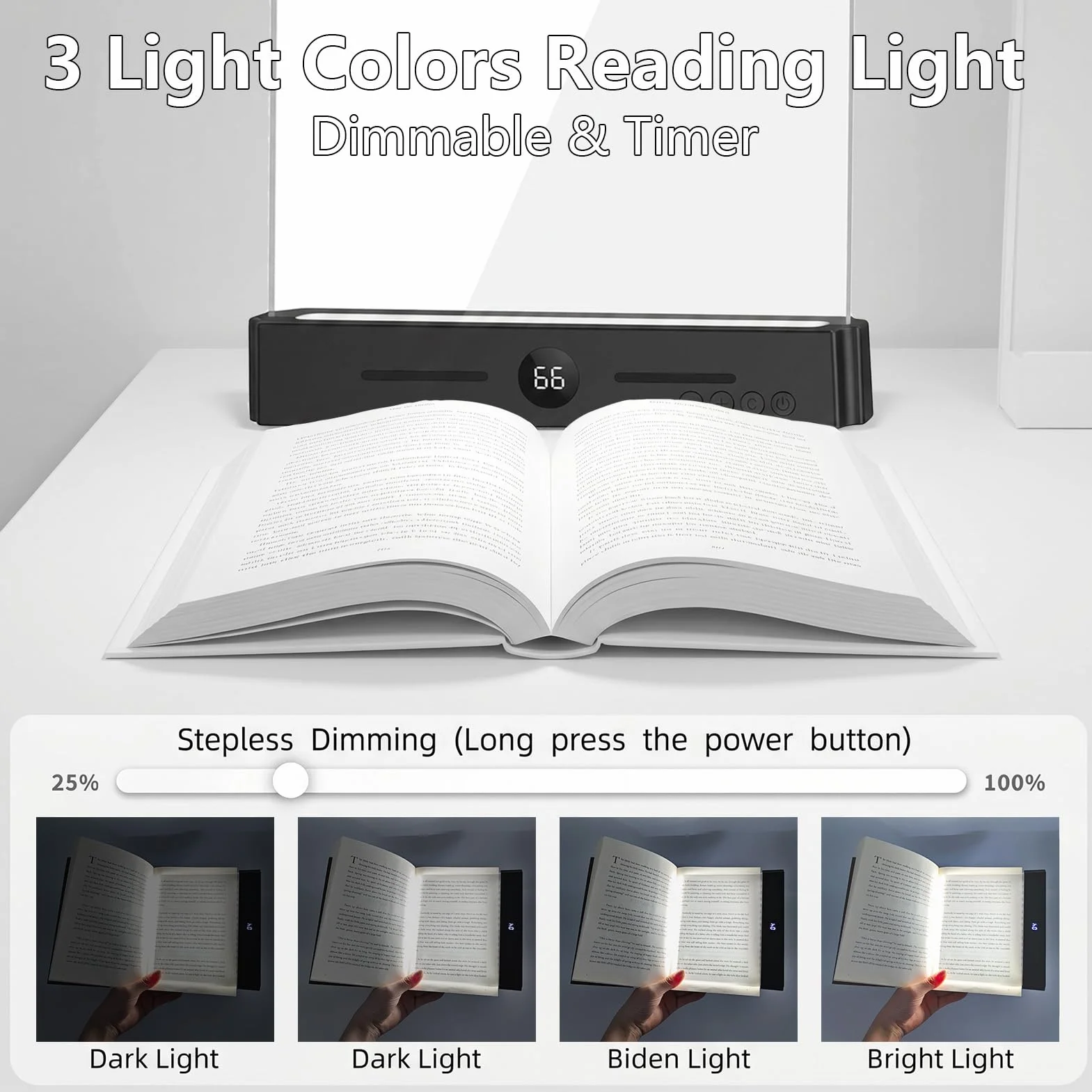 Lampe de Lecture LED Rechargeable USB avec Minuterie 0-99 Min, 3 Modes de Couleur, Intensité Réglable, Portable, Noir