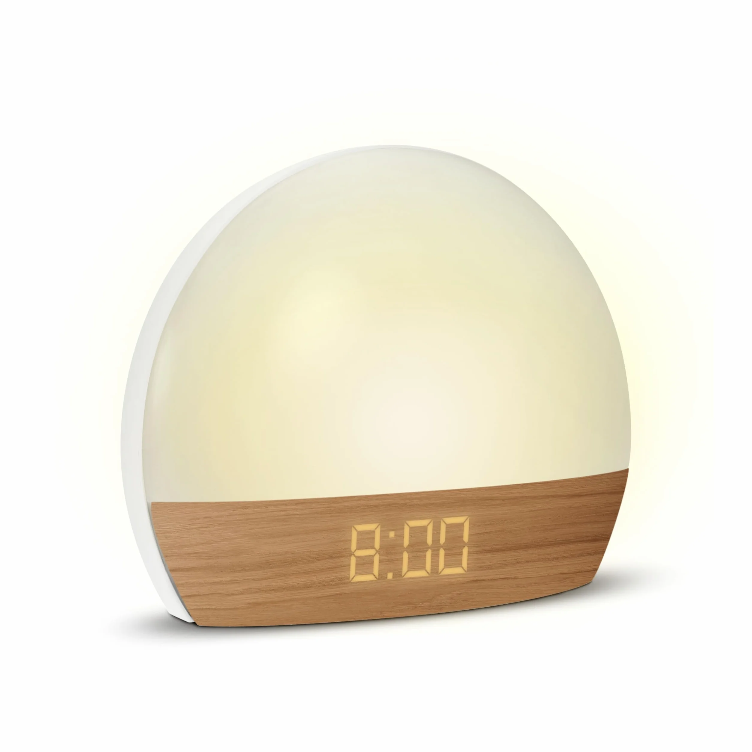 mooov 477356 Réveil simulateur d'aube Lumiere Progressive sur Secteur Luminothérapie Eclairage Blanc ou Couleur Charge Port USB-A Effet Naturel Bois