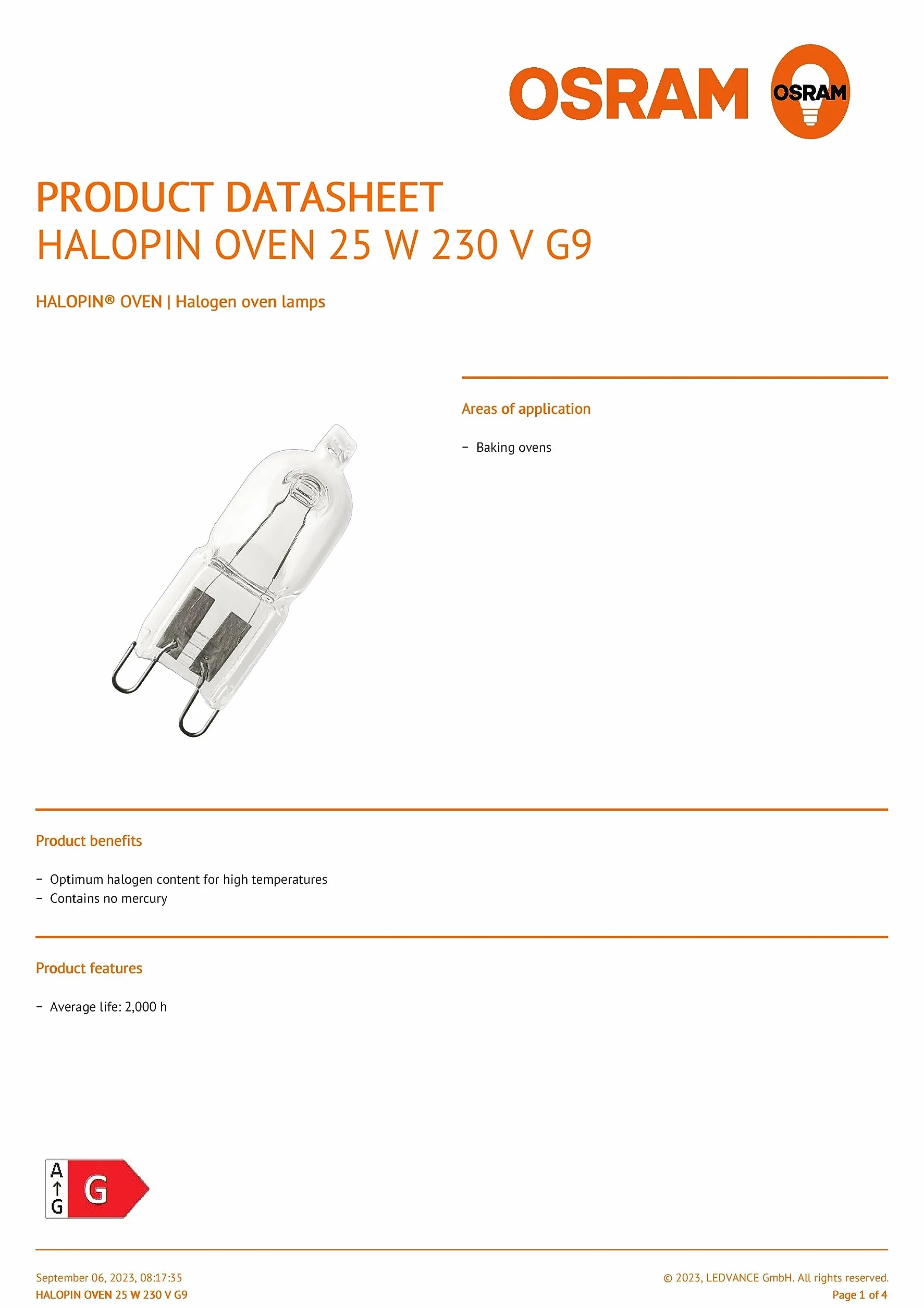 Ampoules halogènes OSRAM HALOPIN OVEN Culot G9 230/240 V 25 W