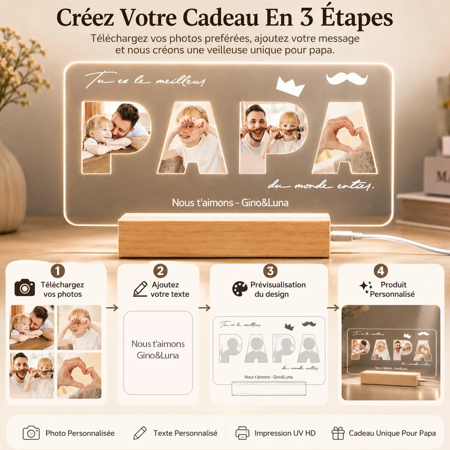 Lampe Cadre Photo Personnalisé Cadeau Fête des Pères Original