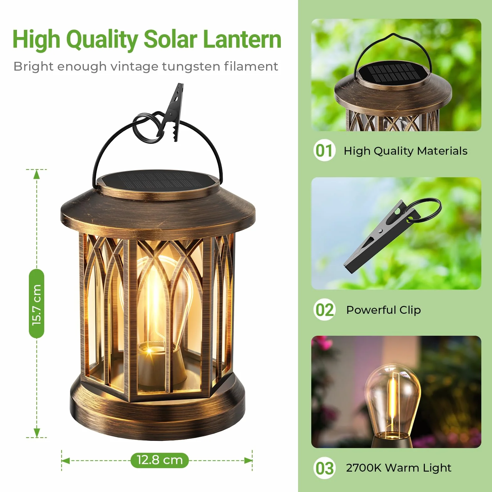 GEARLITE Lanterne Solaire Exterieur Jardin 2 Pièces LED IP65 Étanche Blanc Chaud Tungstène avec Clips