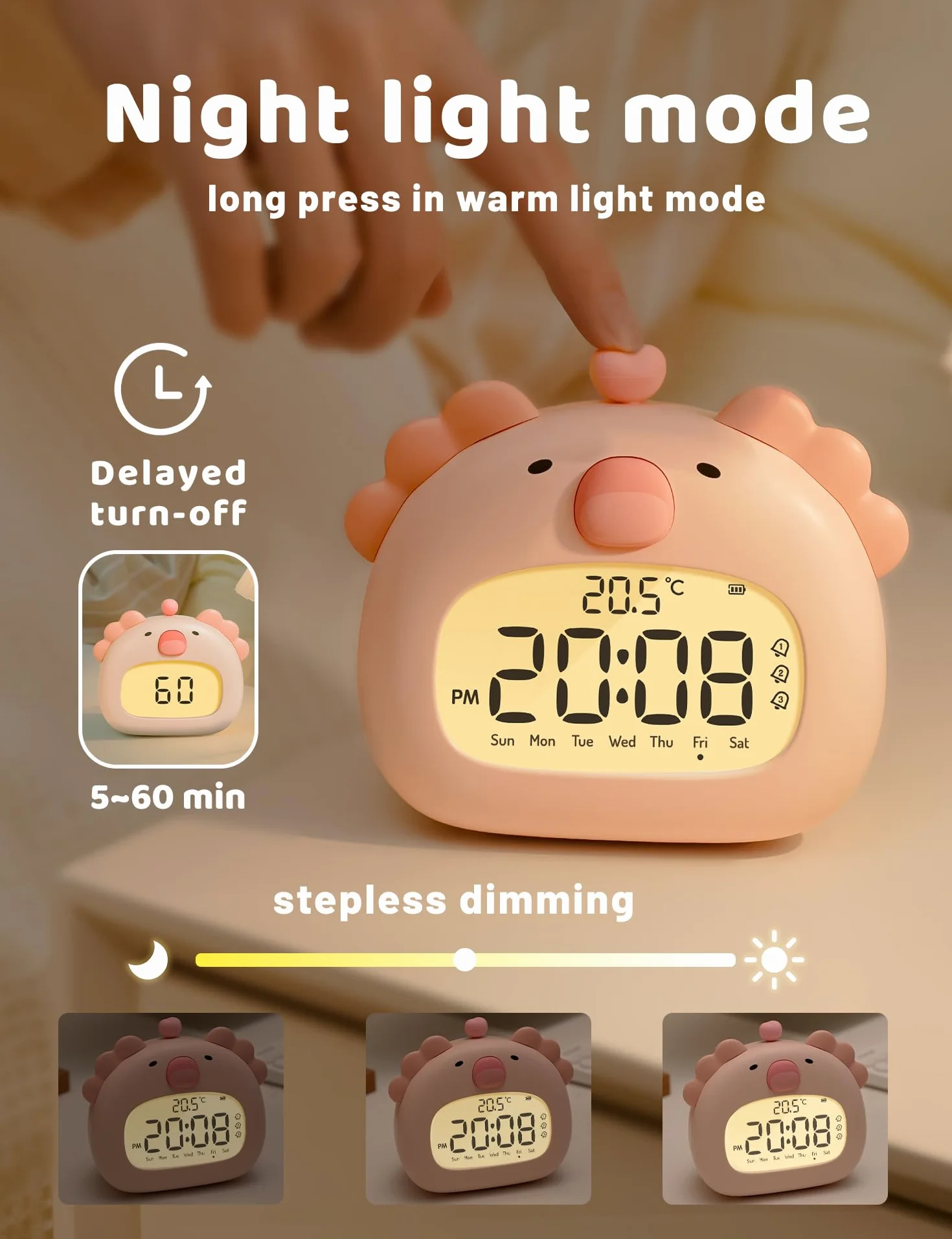 IHALO Cute Axolotl Réveil Enfant avec Veilleuse Écran LED 3,15 Pouces Rechargeable