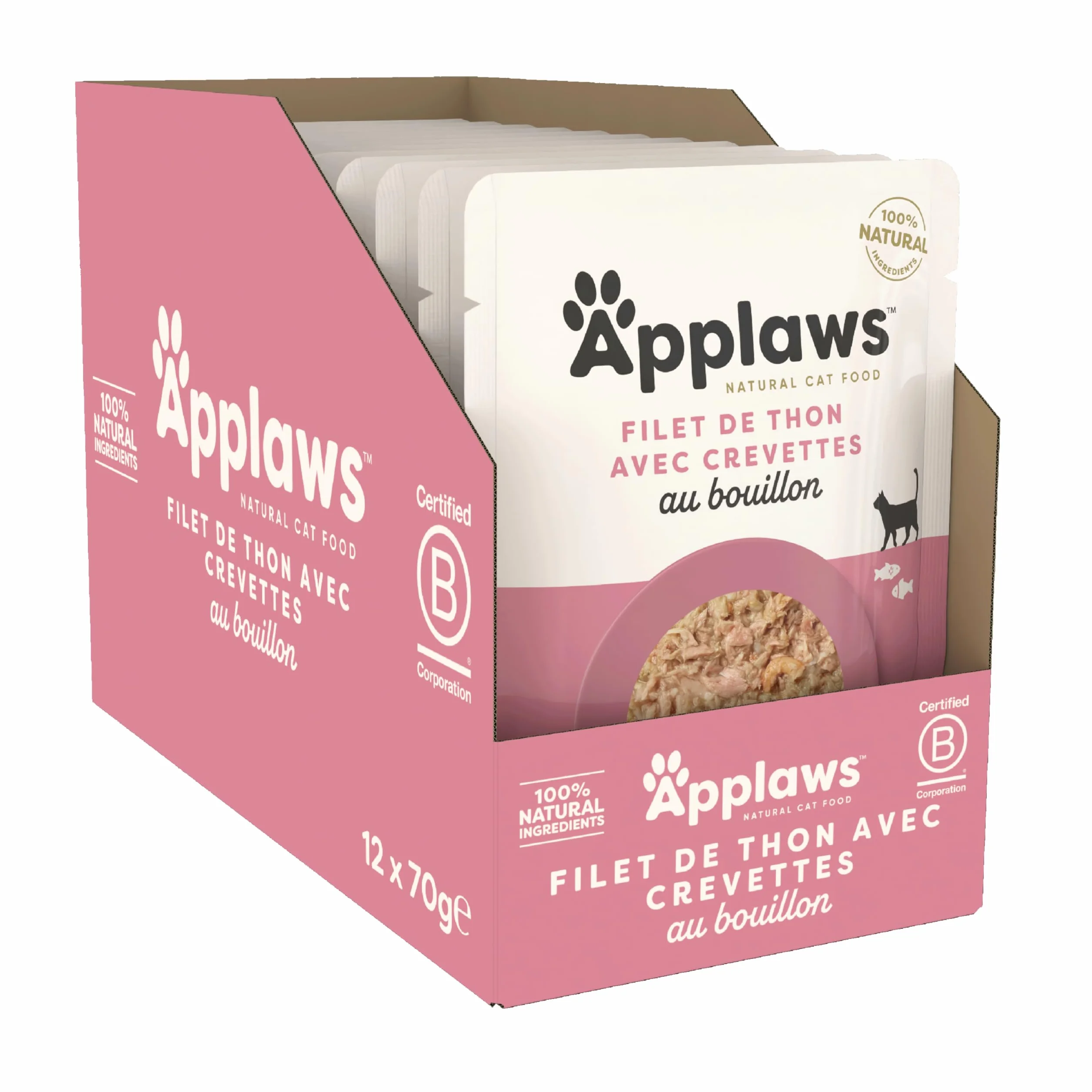 Applaws Sachets naturels pour chats Thon et crevettes du Pacifique en bouillon 12 x 70 g