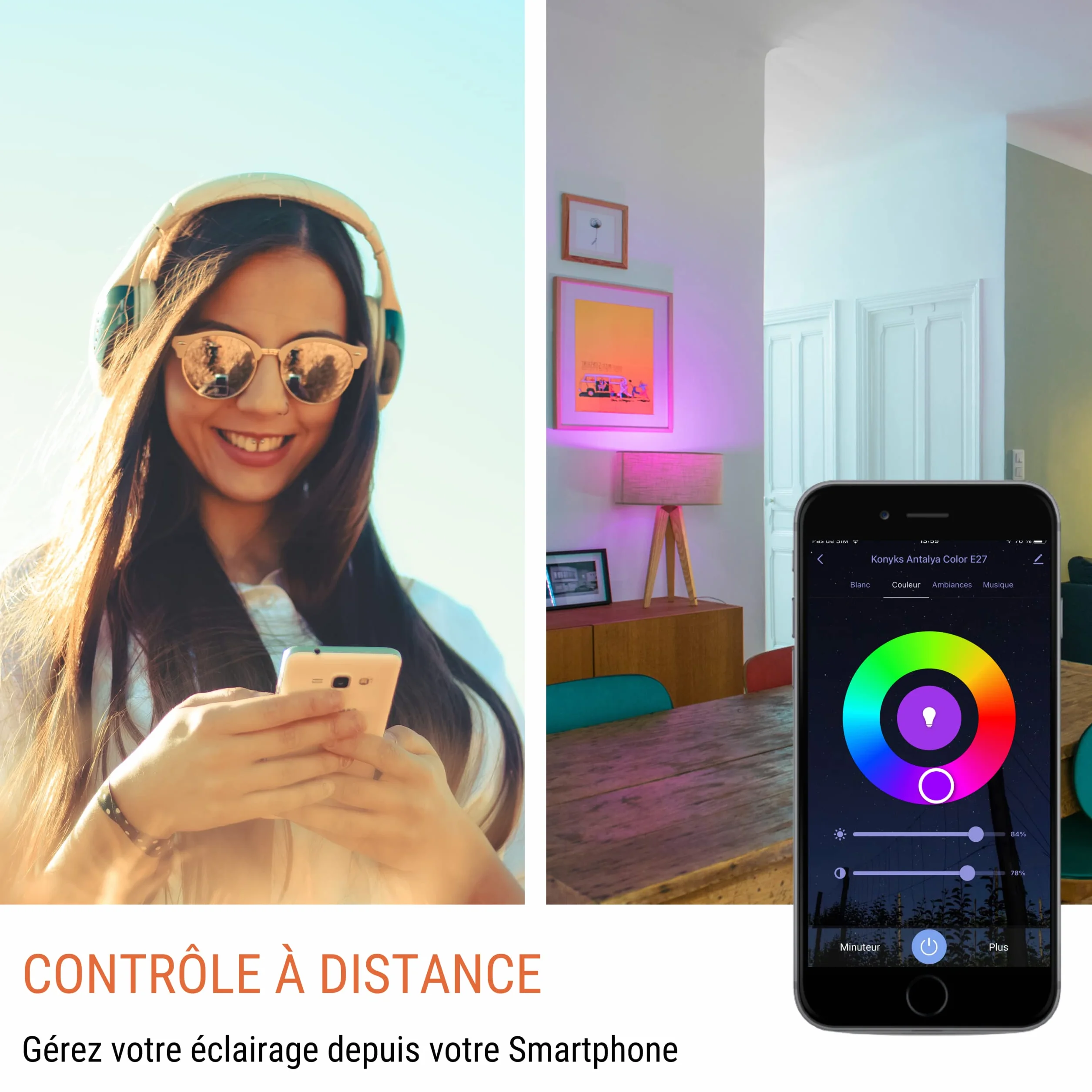 Konyks Ampoule connectée Antalya Color E27 LED WiFi BT 1055 Lumens 11 W Couleurs Blanc réglable compatible Alexa Google Home