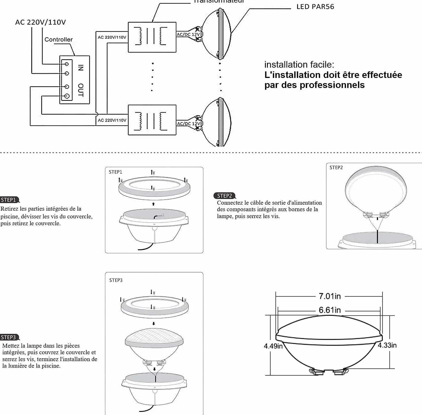 Lumières de Piscine PAR56 36W RGB LED IP68 Étanche Projecteur Sous-Marin avec Télécommande