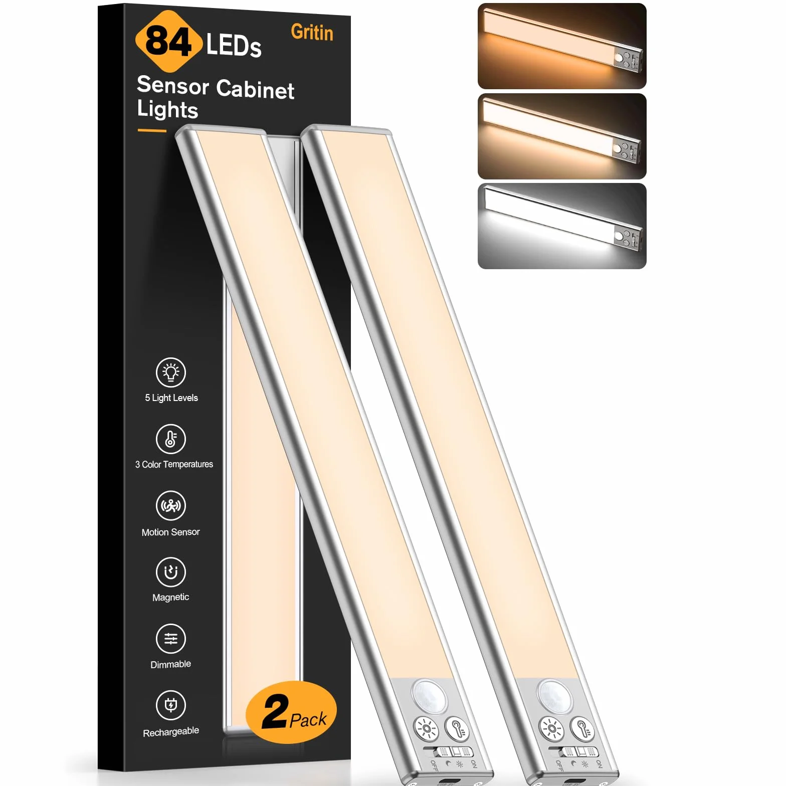 Gritin Lampe de Placard LED Rechargeable 26CM, 3 Couleurs 5 Luminosités, Détecteur de Mouvement, 2 Pack