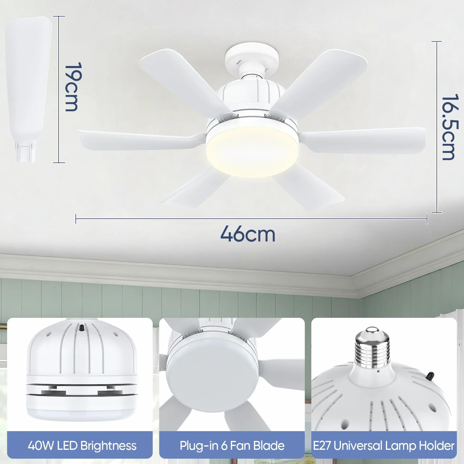 Ventilateur de plafond avec lumière et télécommande 46 cm E27 LED dimmable 3 vitesses minuterie 2/4h blanc